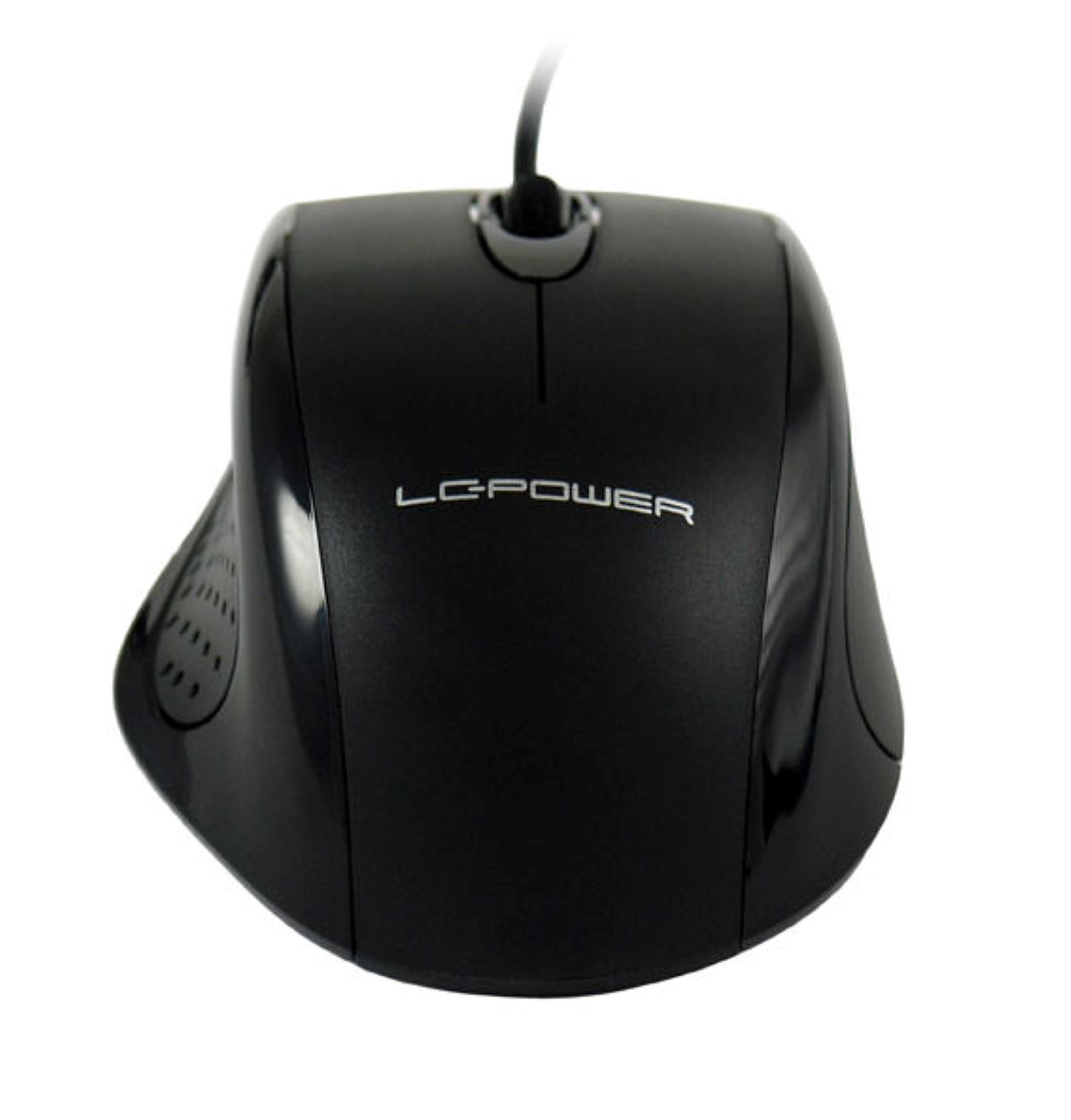 Black computer mouse with the LC POWER logo, isolated on white background.