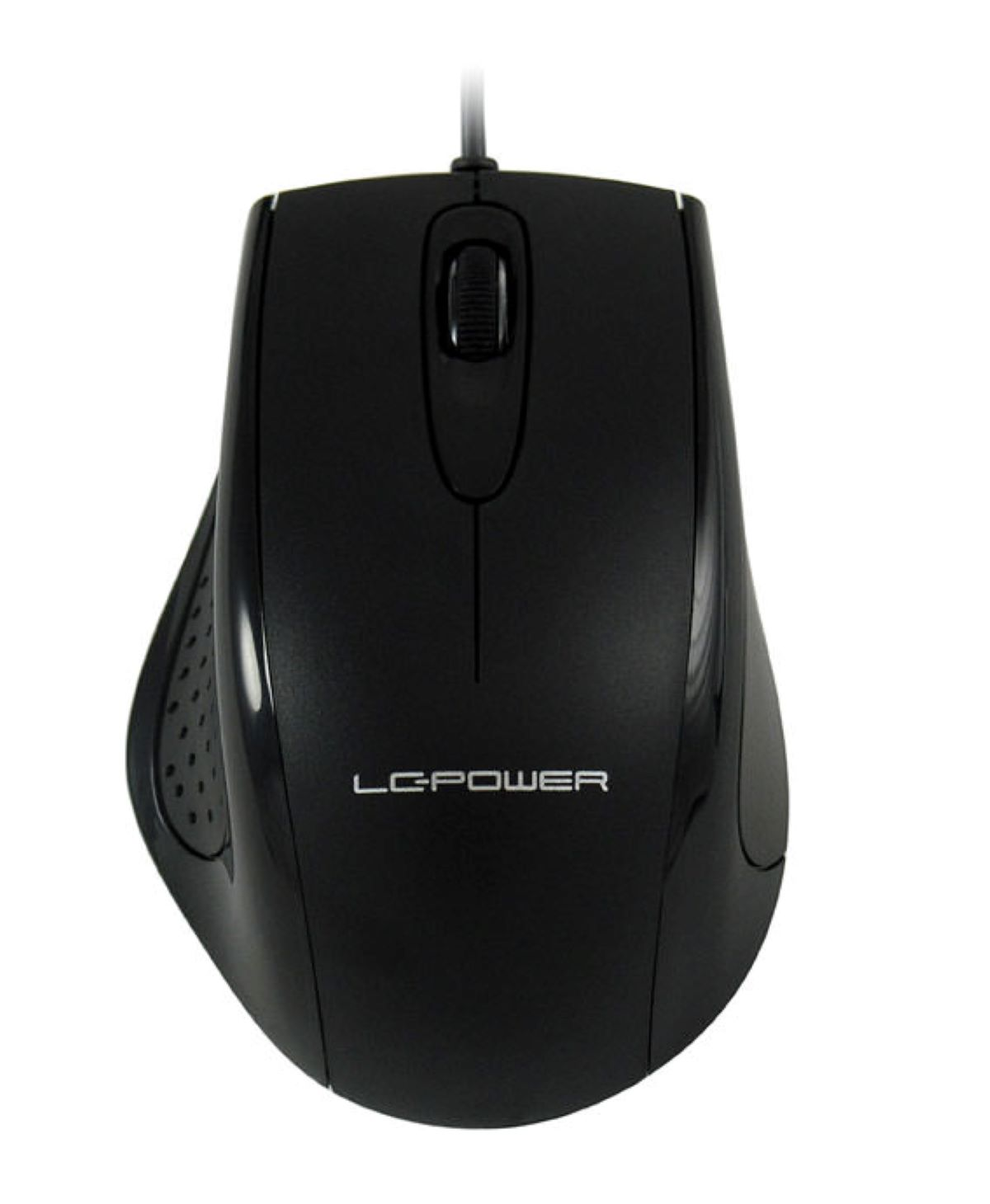 Black computer mouse. It has a scroll wheel and the brand name LC-POWER.
