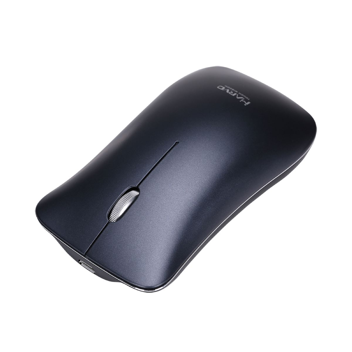 Eine schwarze, ergonomische Computermaus mit silbernem Scrollrad.