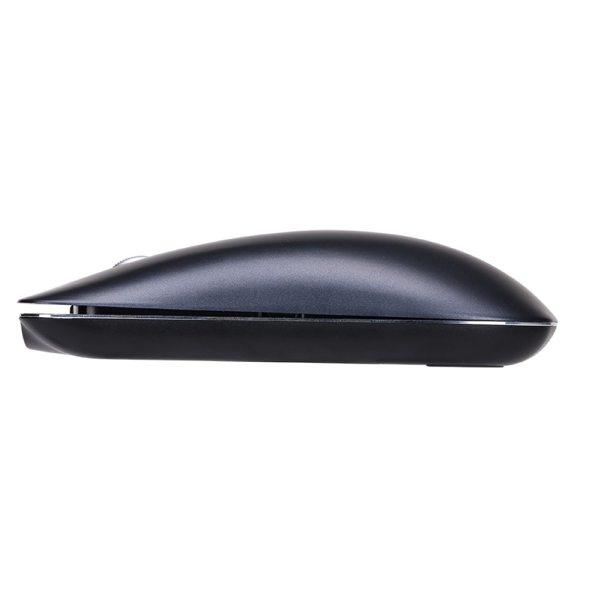 Schwarze, ergonomische Computermaus mit Scrollrad und silbernen Zierleisten. Seitenansicht.