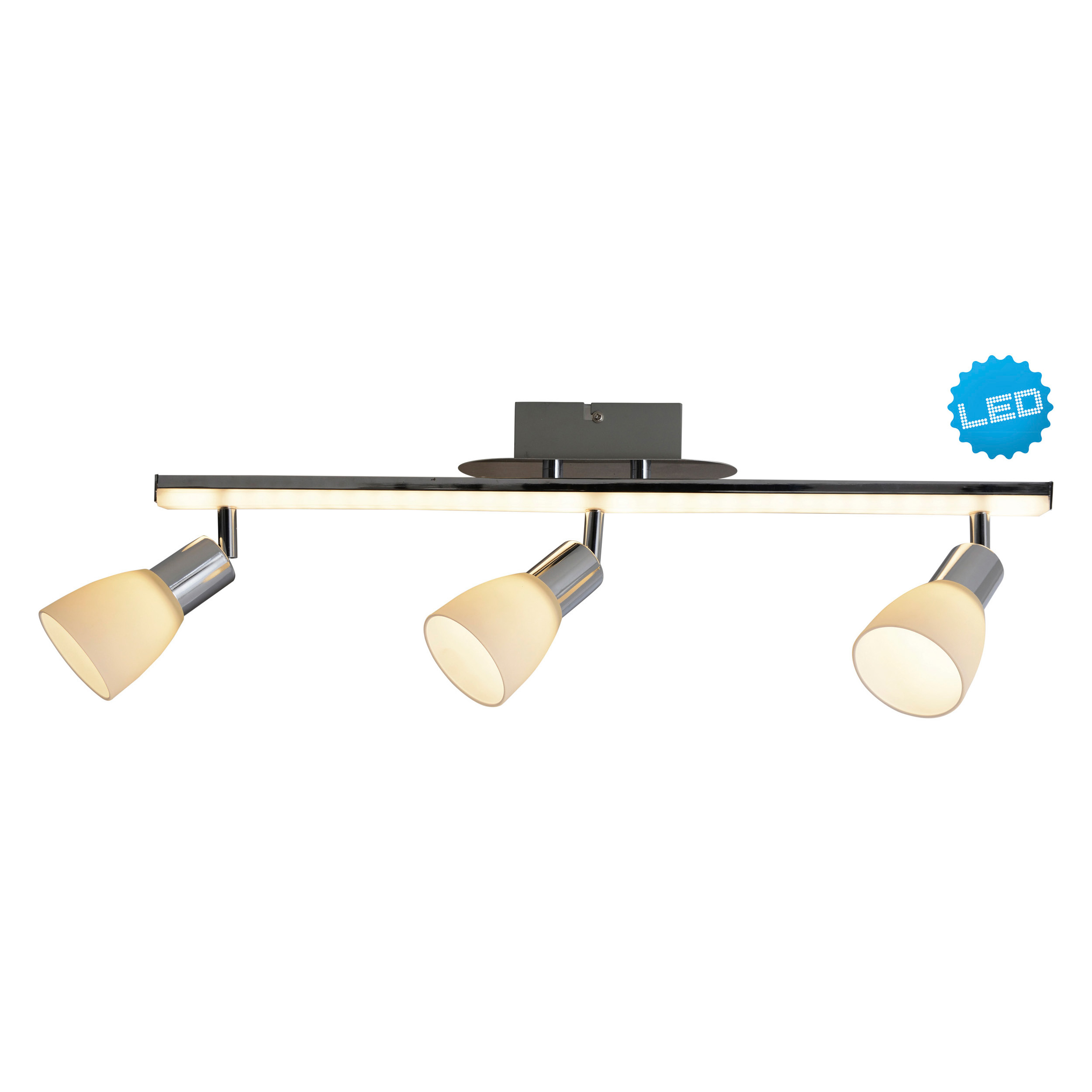 Silberne LED-Schienenbeleuchtung mit drei weiß schattierten Strahlern.