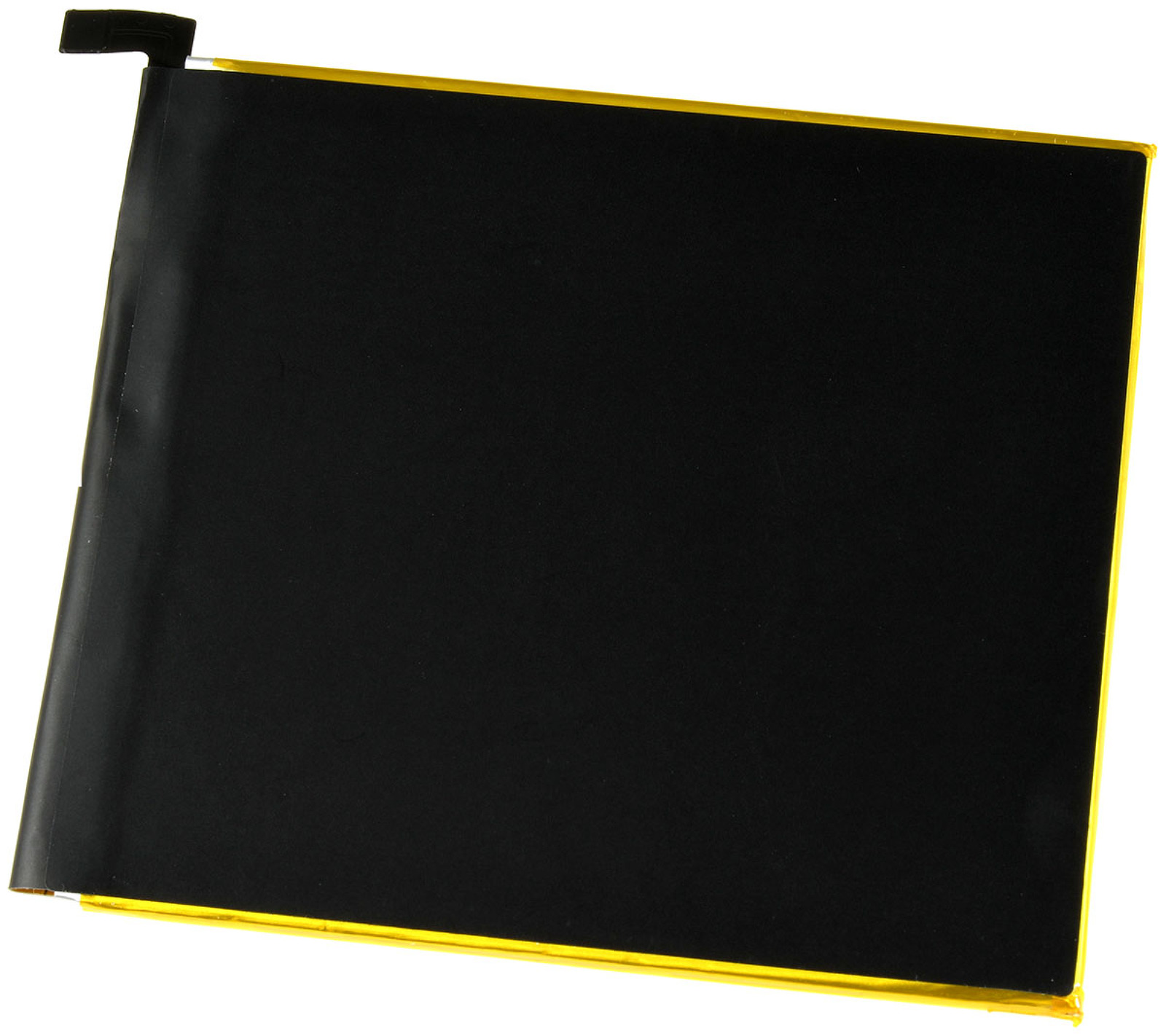 Batería rectangular negra con bordes dorados. Conector pequeño visible en la parte superior izquierda.