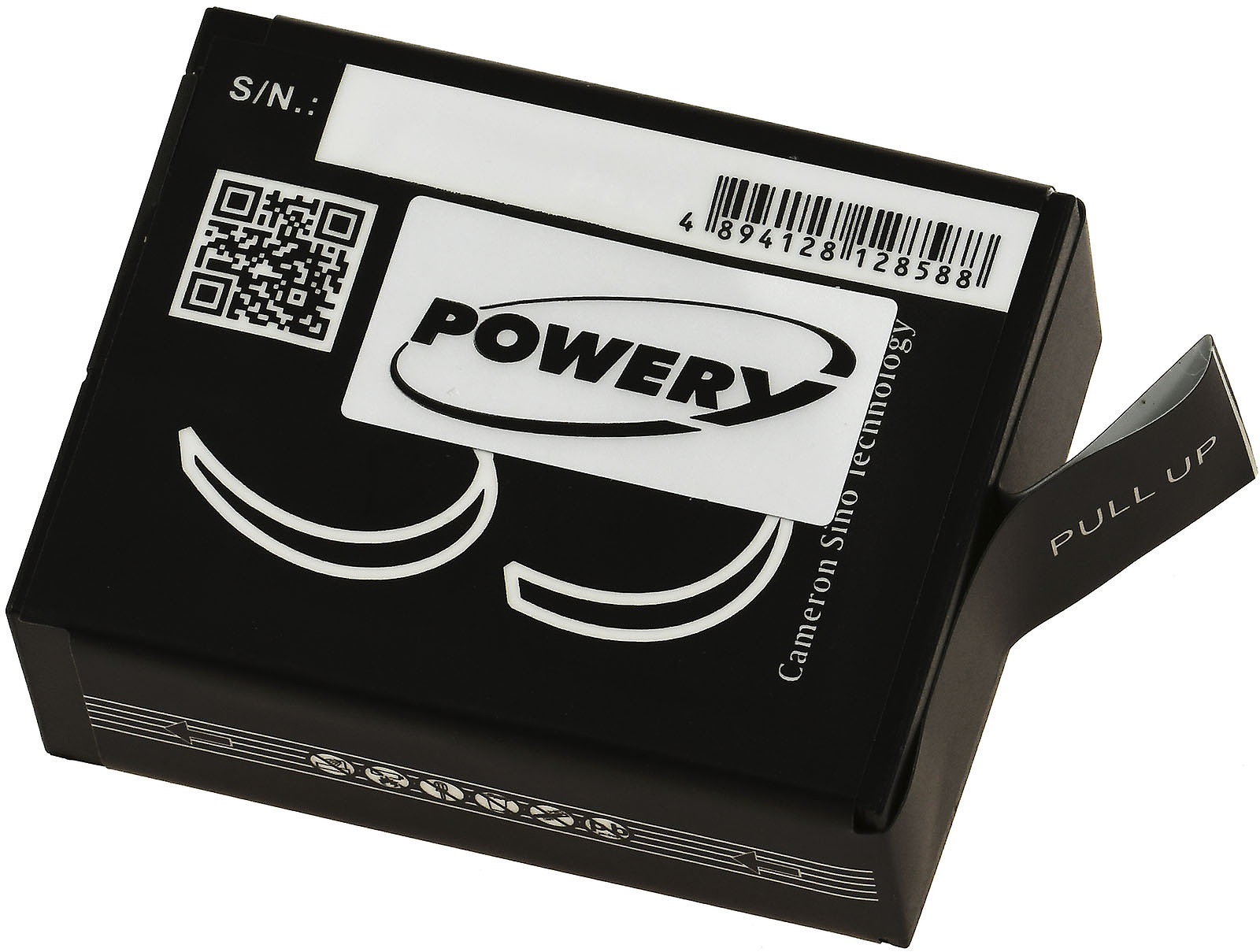 Batería negra, etiqueta blanca con la palabra 'powery' y etiqueta desplegable.