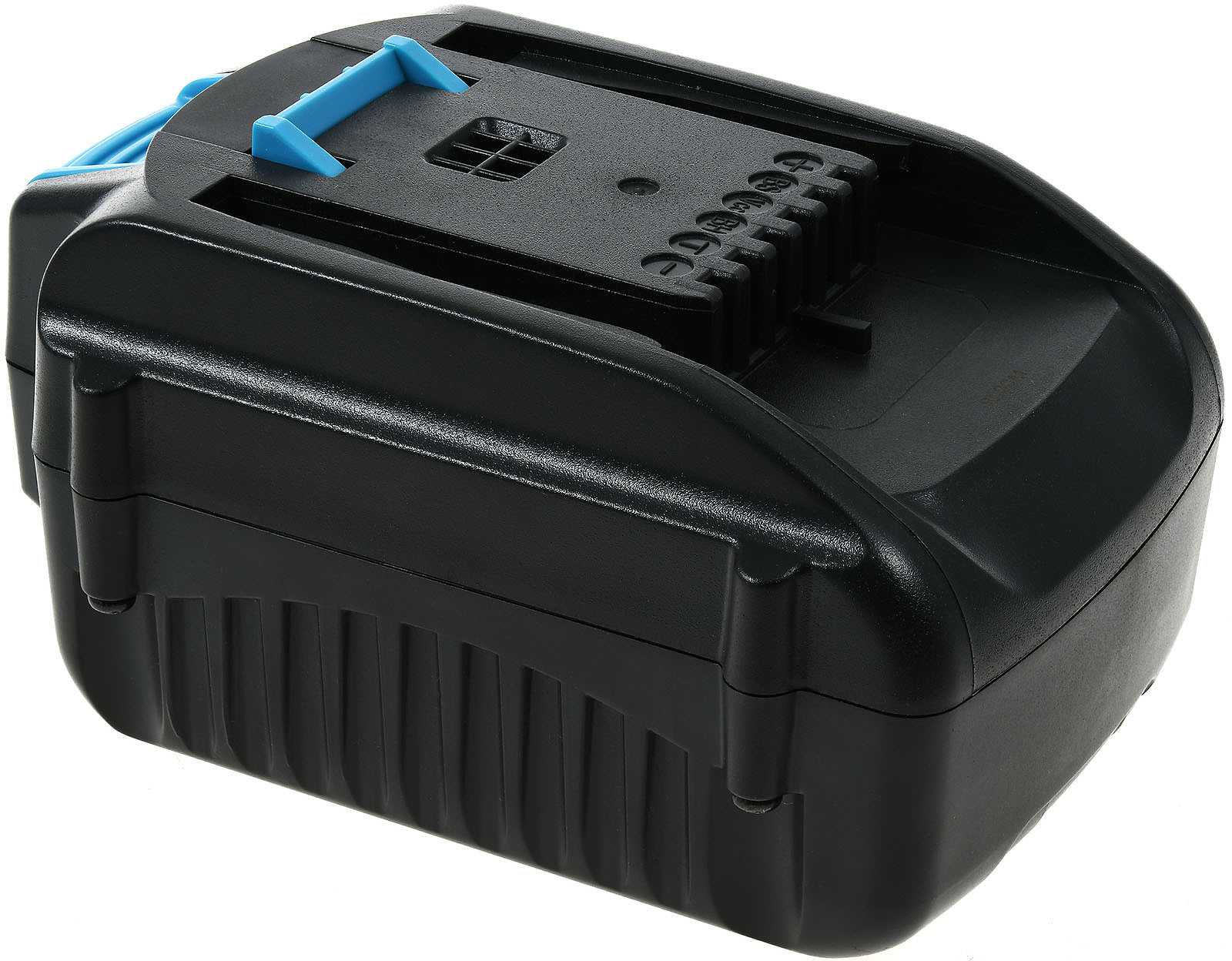Schwarzer Akku mit blauem Oberteil. Die Batterie hat eine rechteckige Form.