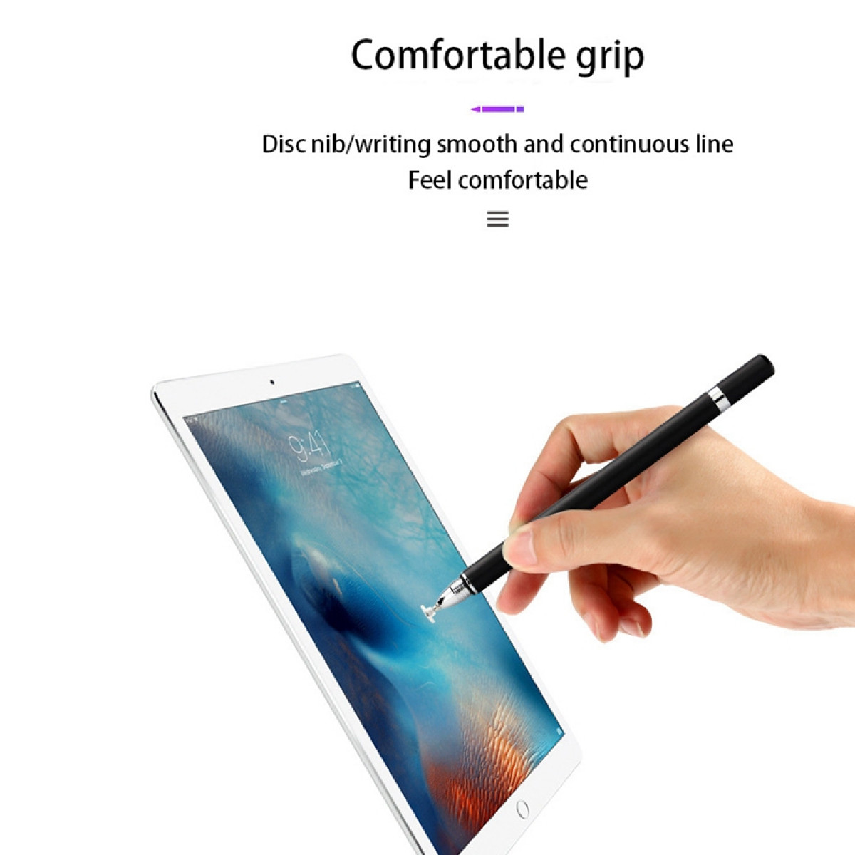 Ein schwarzer Stift über einem Tablet. Das Tablet zeigt einen blauen Bildschirm mit weißem Rand.
