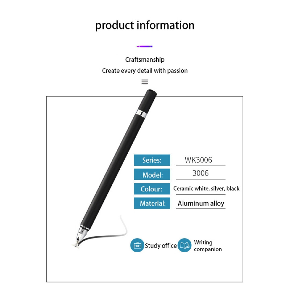 Produktinformationsgrafik: ein schwarzer Eingabestift mit Details zu Serie, Modell, Farbe und Material.