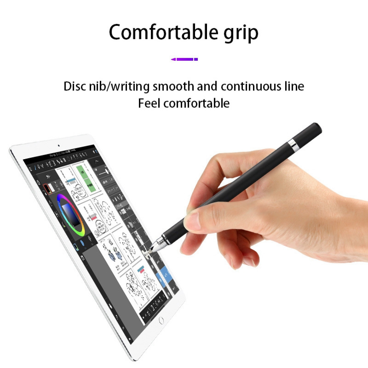 Eine Hand hält einen Stift über einem Tablet mit einer Zeichen-App.