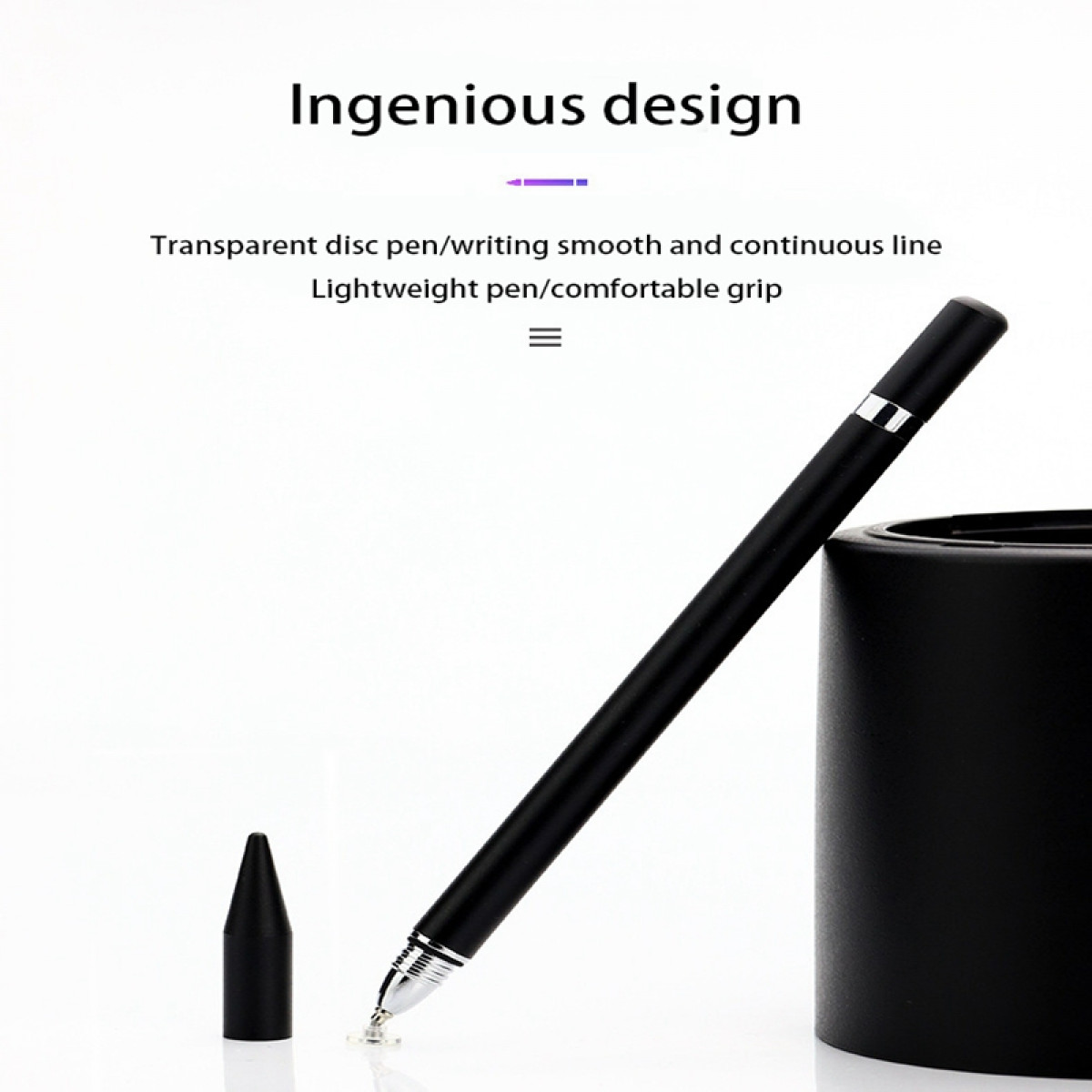 Schwarzer Stift, schwarze Kappe und ein schwarzes zylindrisches Objekt. Weißer Hintergrund.