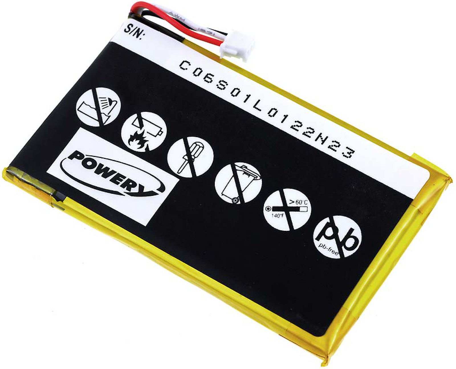 Batería negra y amarilla con símbolos de advertencia y logo POWERY, fondo blanco.