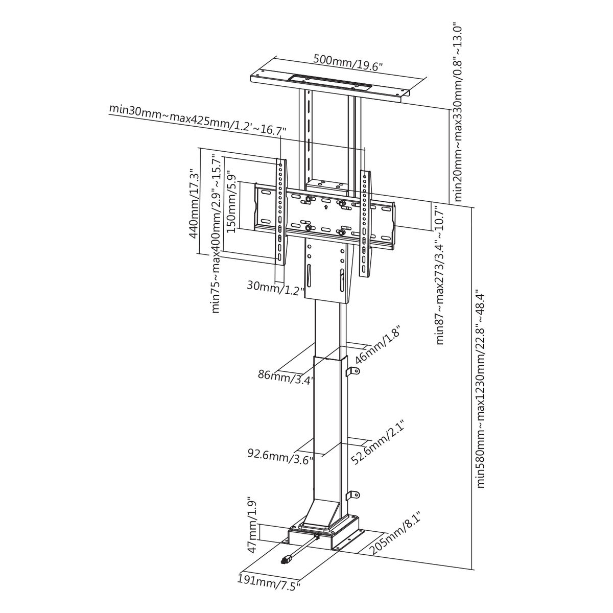 Diagram met afmetingen voor een plafond-tv-beugel, witte achtergrond.