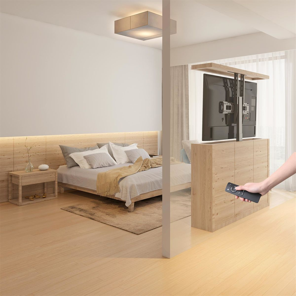 Moderne slaapkamer met een tv-kast, bed en een persoon met een afstandsbediening.