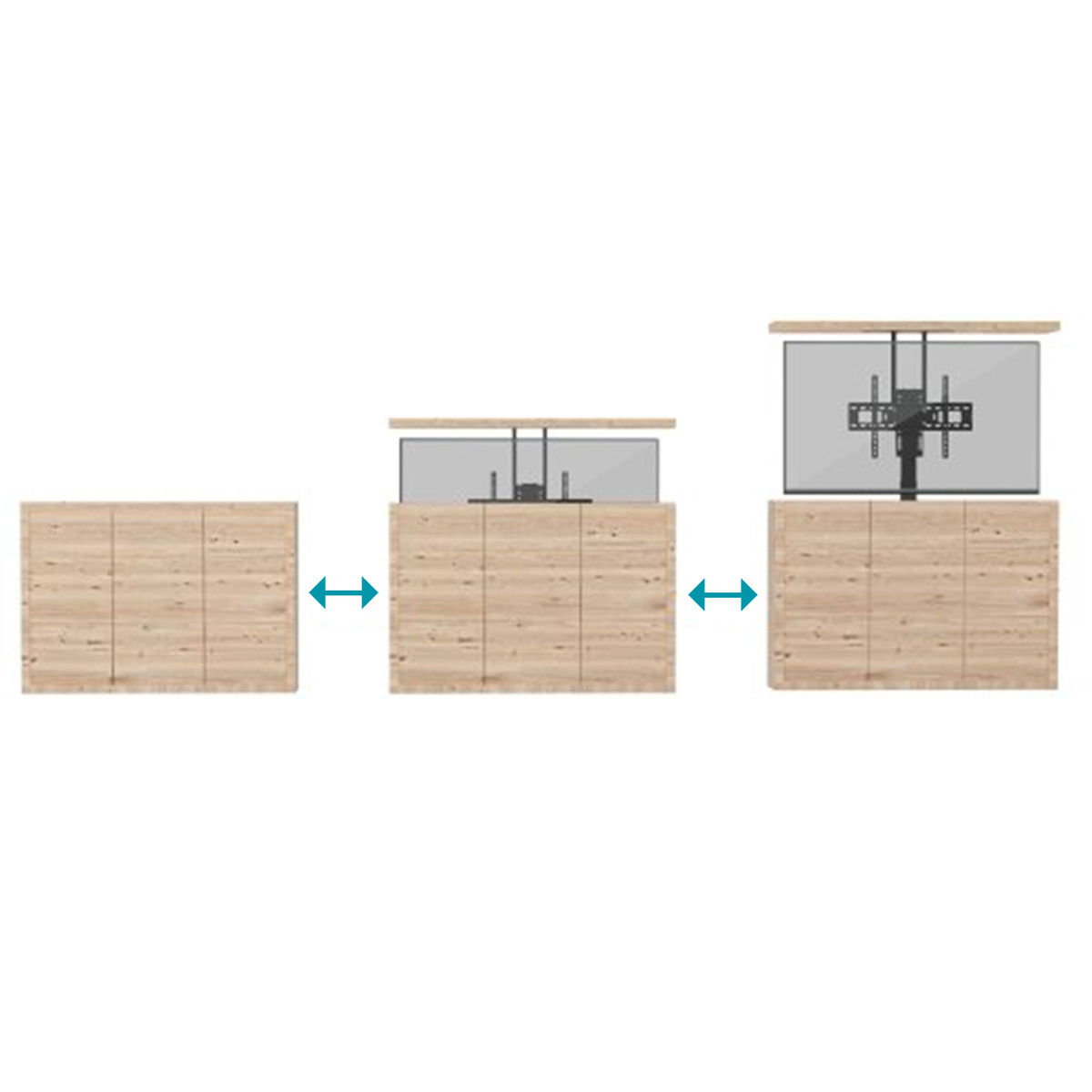 Houten kast met een tv-scherm. De kast heeft drie secties.