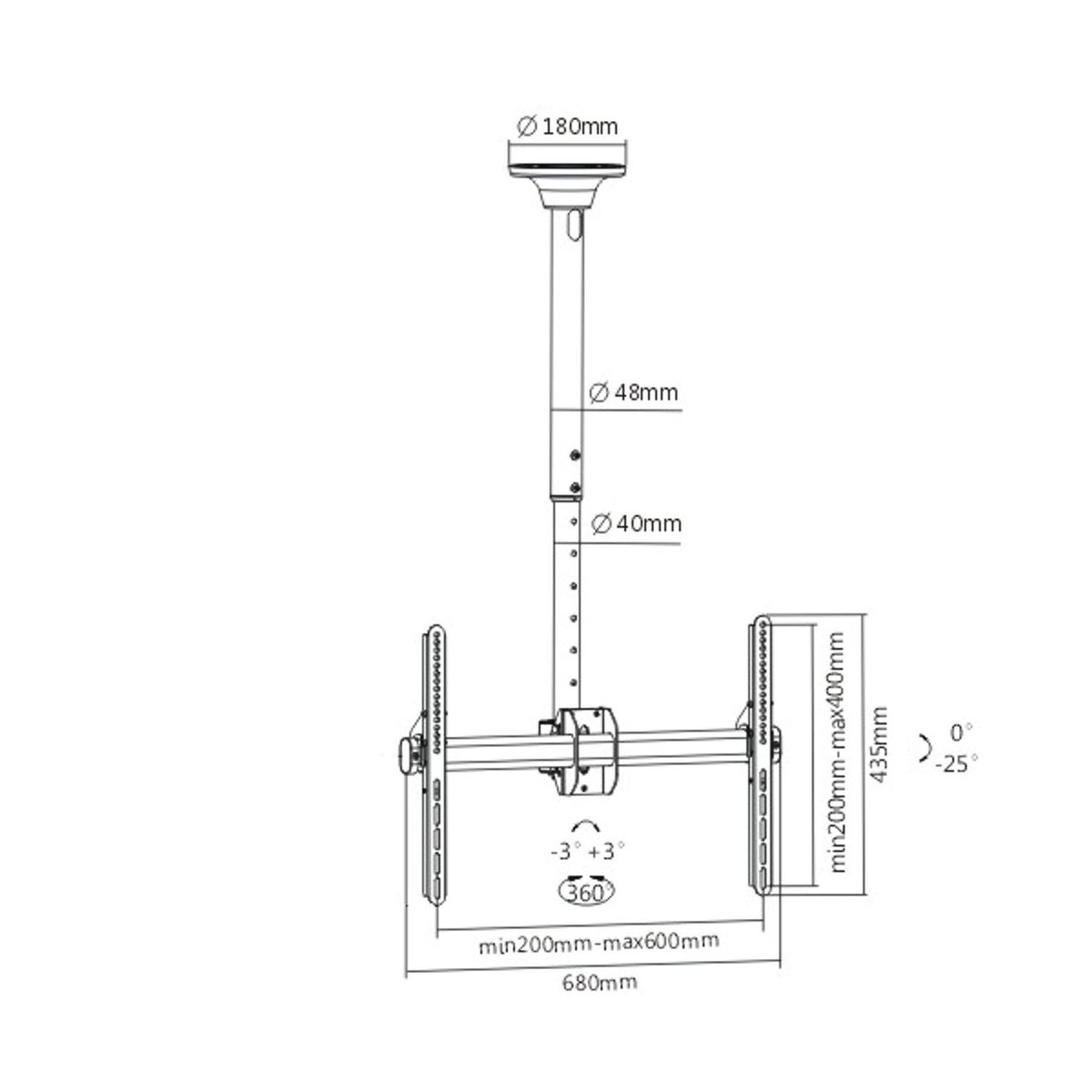 Plafondbevestiging voor tv, met afmetingen en maten in een technische tekening.