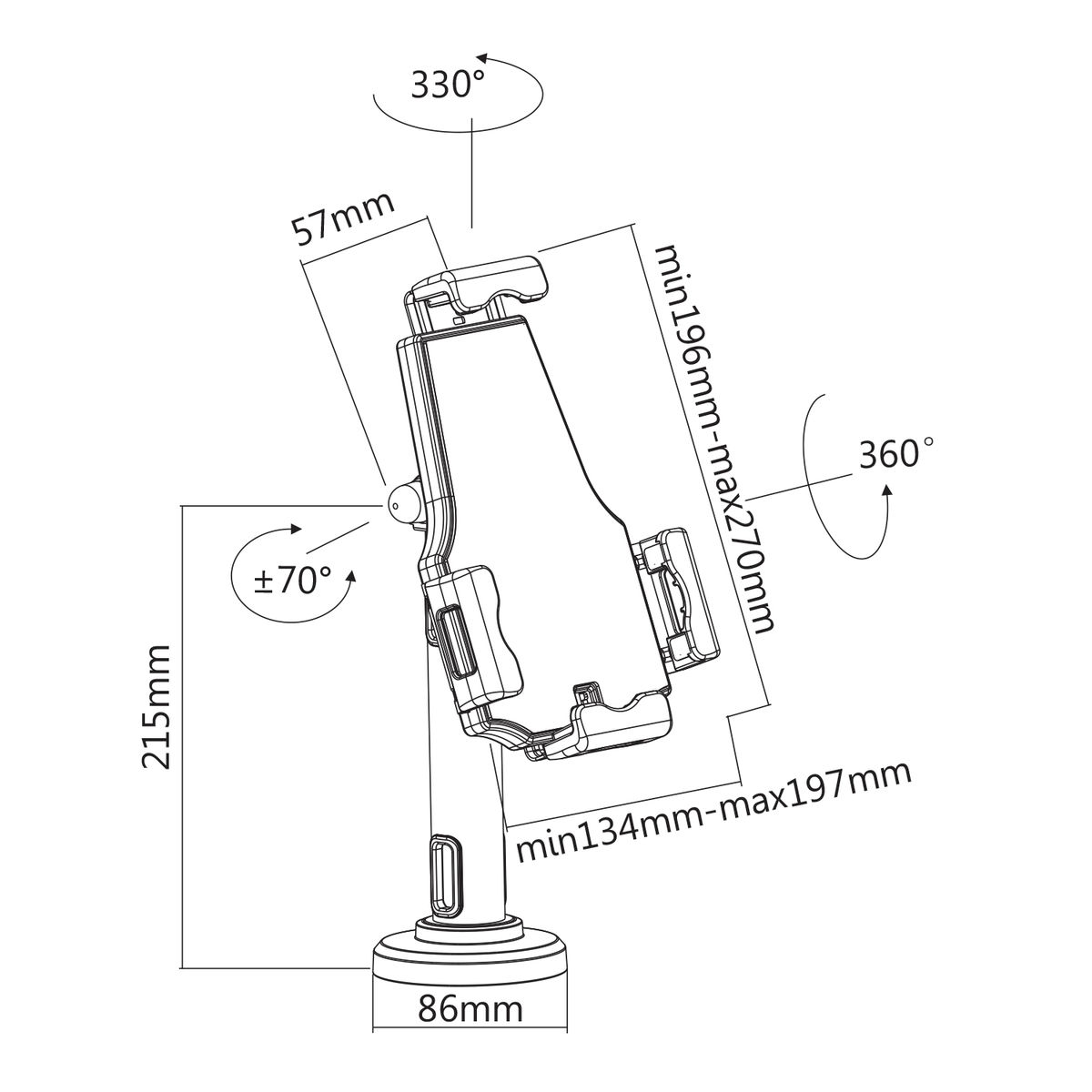 Diagramma che mostra dimensioni e angoli di un supporto per telefono.
