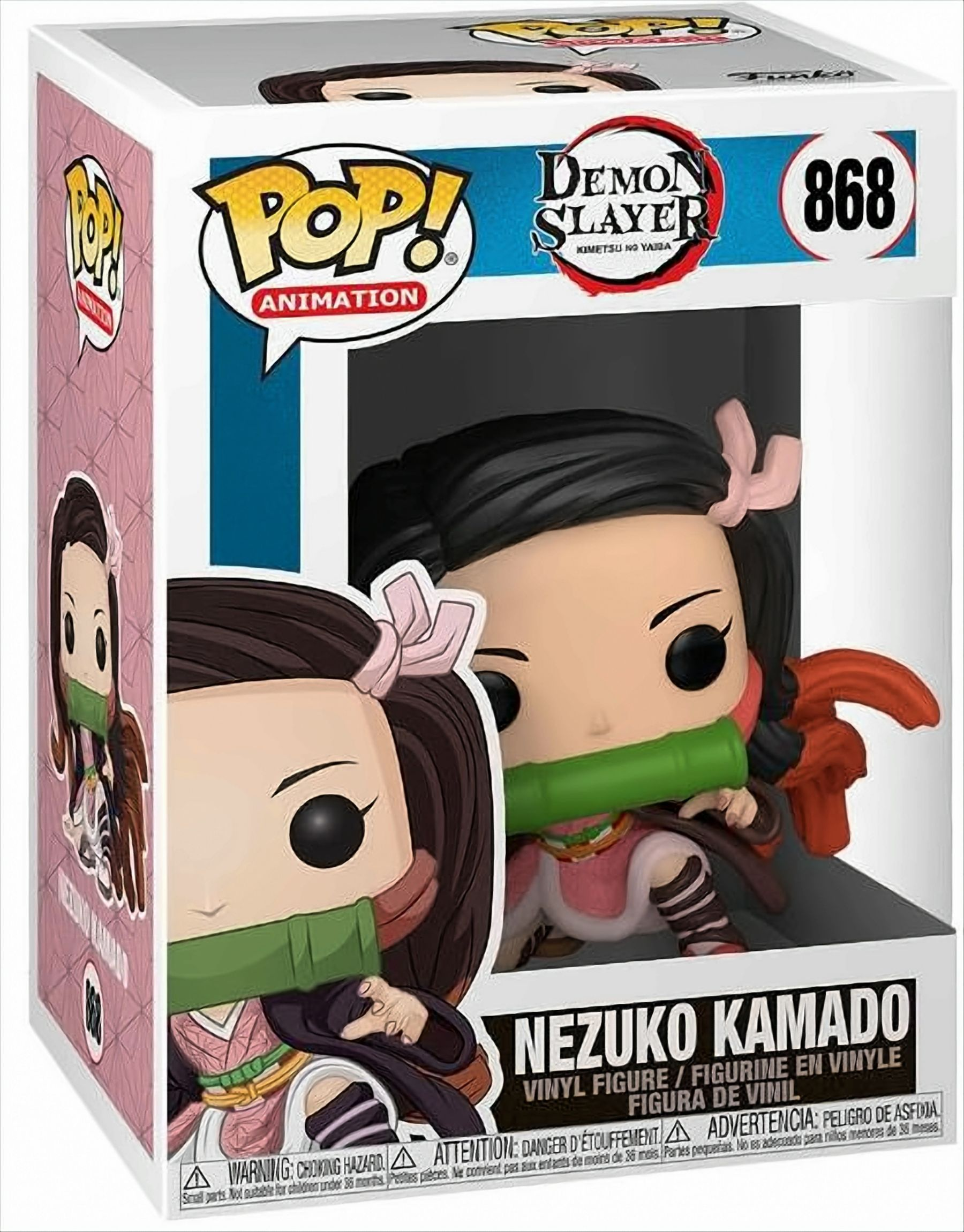 Nezuko Kamado Figur in einer Box. Vorder- und Seitenansicht. Buntes Box-Art und Figur.