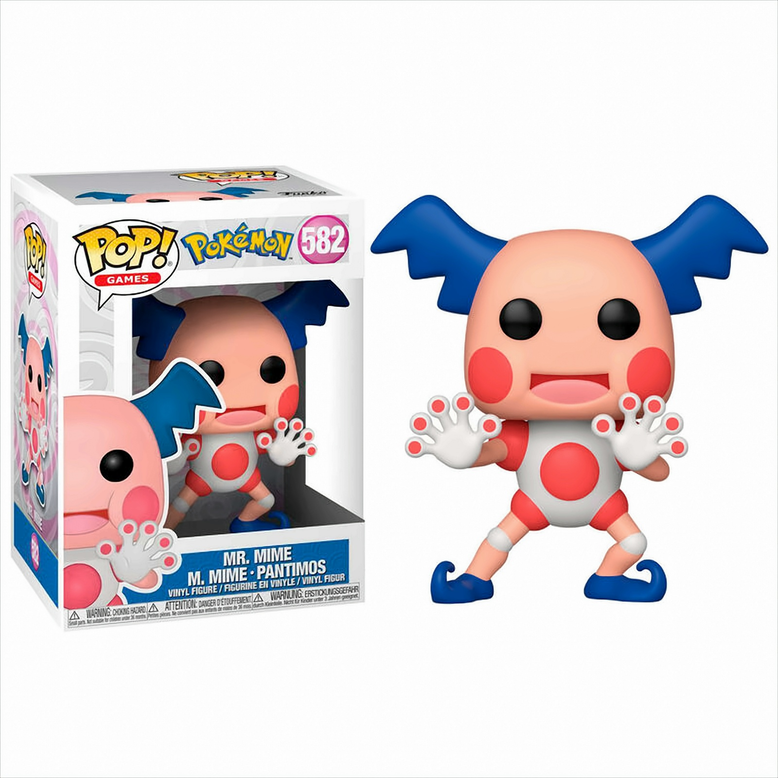 Una statuetta di Mr. Mime in una scatola. È bianca, rossa e blu. L'arte della scatola include la figura.