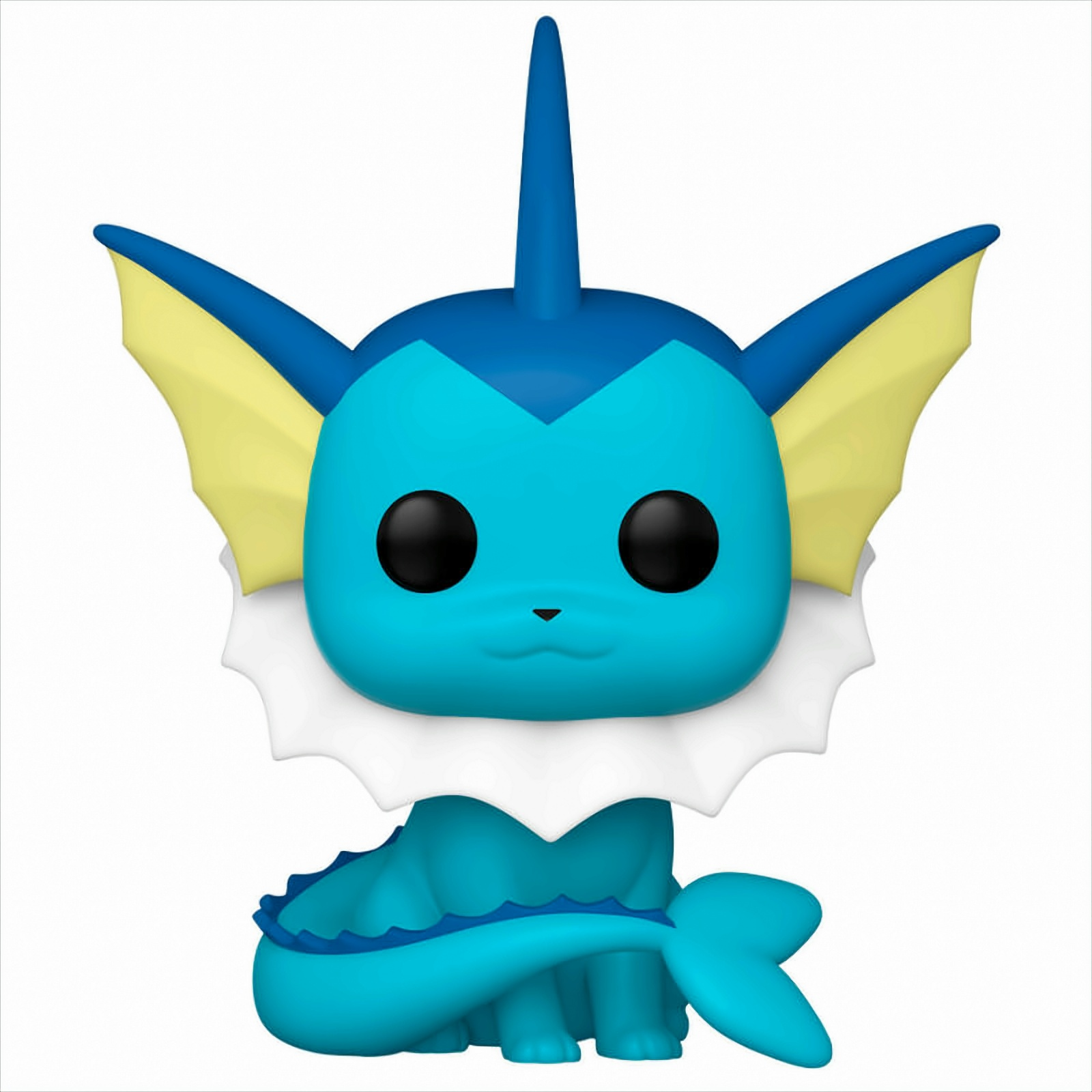 Personaggio Pokémon Vaporeon con grandi occhi neri e coda. Sfondo bianco.