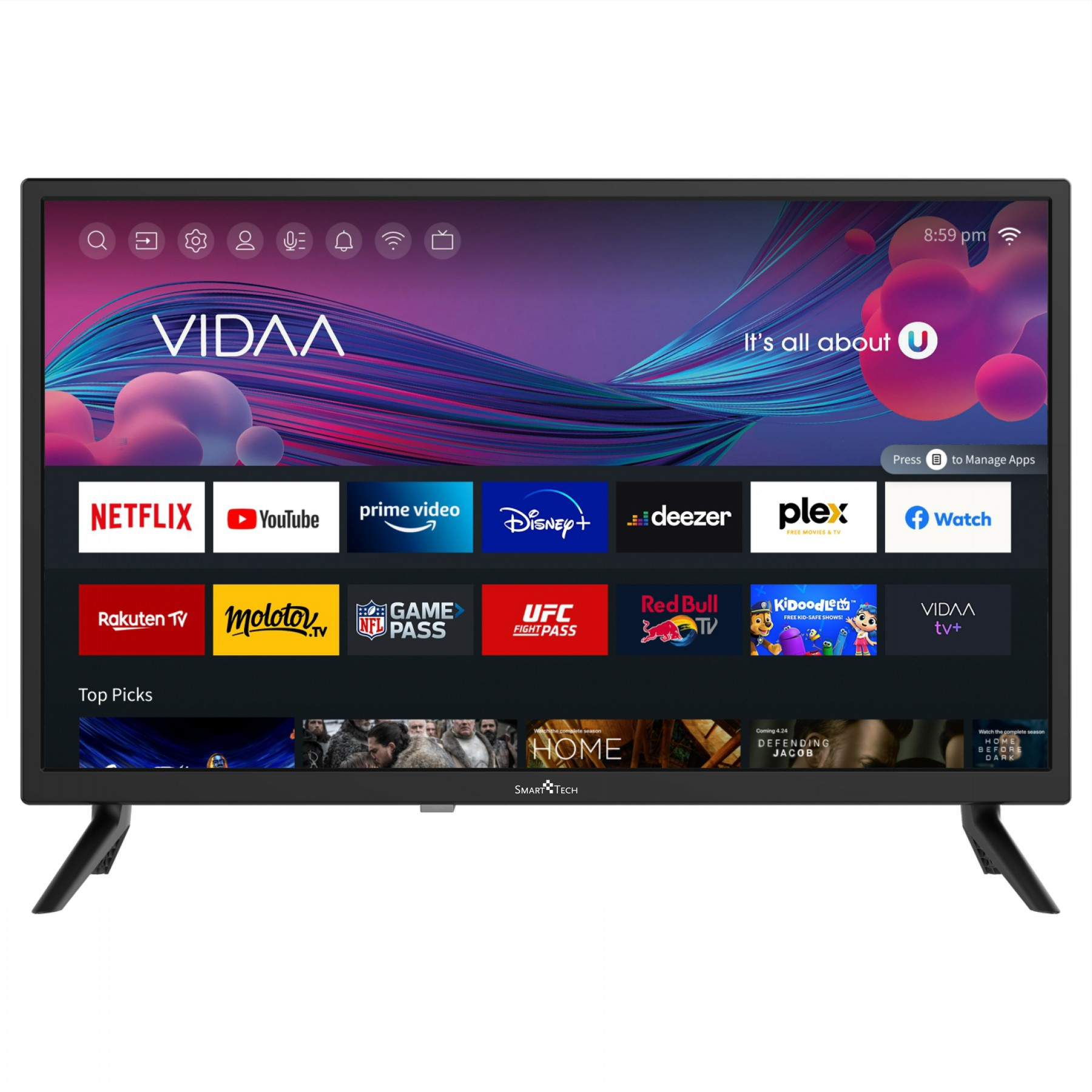 Televisor negro con pantalla que muestra varias aplicaciones. Sobre dos patas negras.