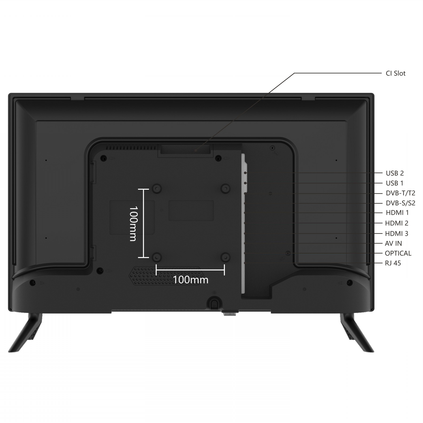 Parte trasera de un televisor con puertos y etiquetas. Muestra una sección de 100 mm x 100 mm con puertos.