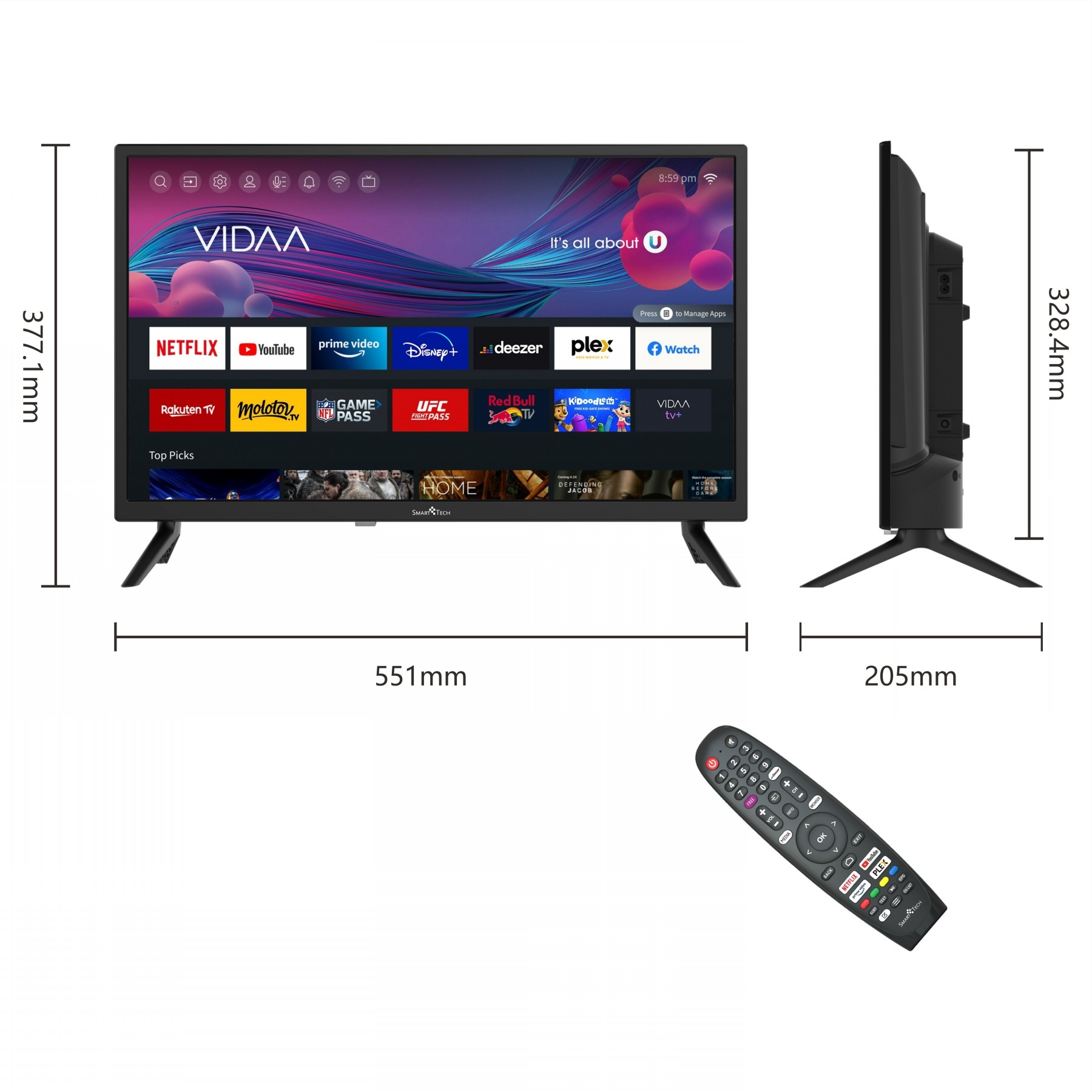 TV negro, vista lateral y frontal, con dimensiones. Mando a distancia abajo.