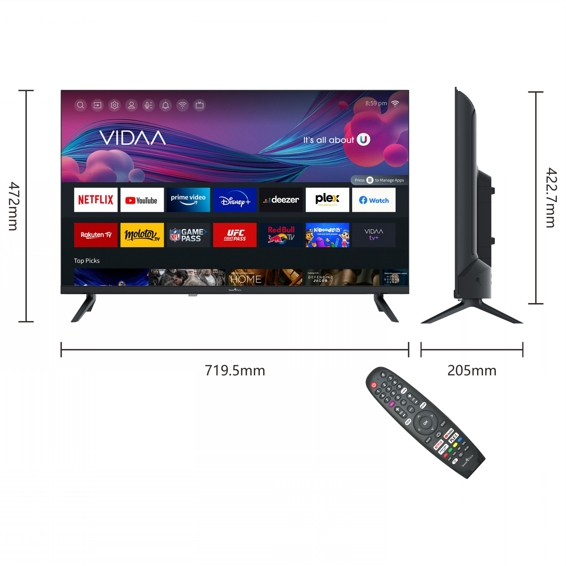 Telewizor z płaskim ekranem z wymiarami i pilotem. Ekran wyświetla aplikacje.