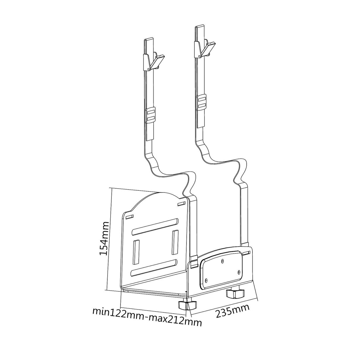 Dibujo lineal de soporte de computadora metálico, con dimensiones y etiquetas sobre fondo blanco.