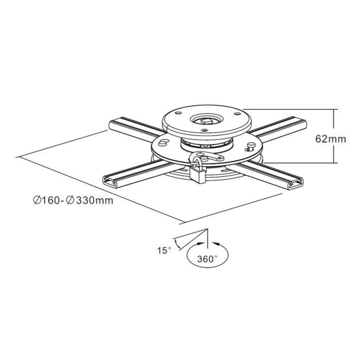 A projector mount with dimensions and angles labeled, mounted on a white surface.