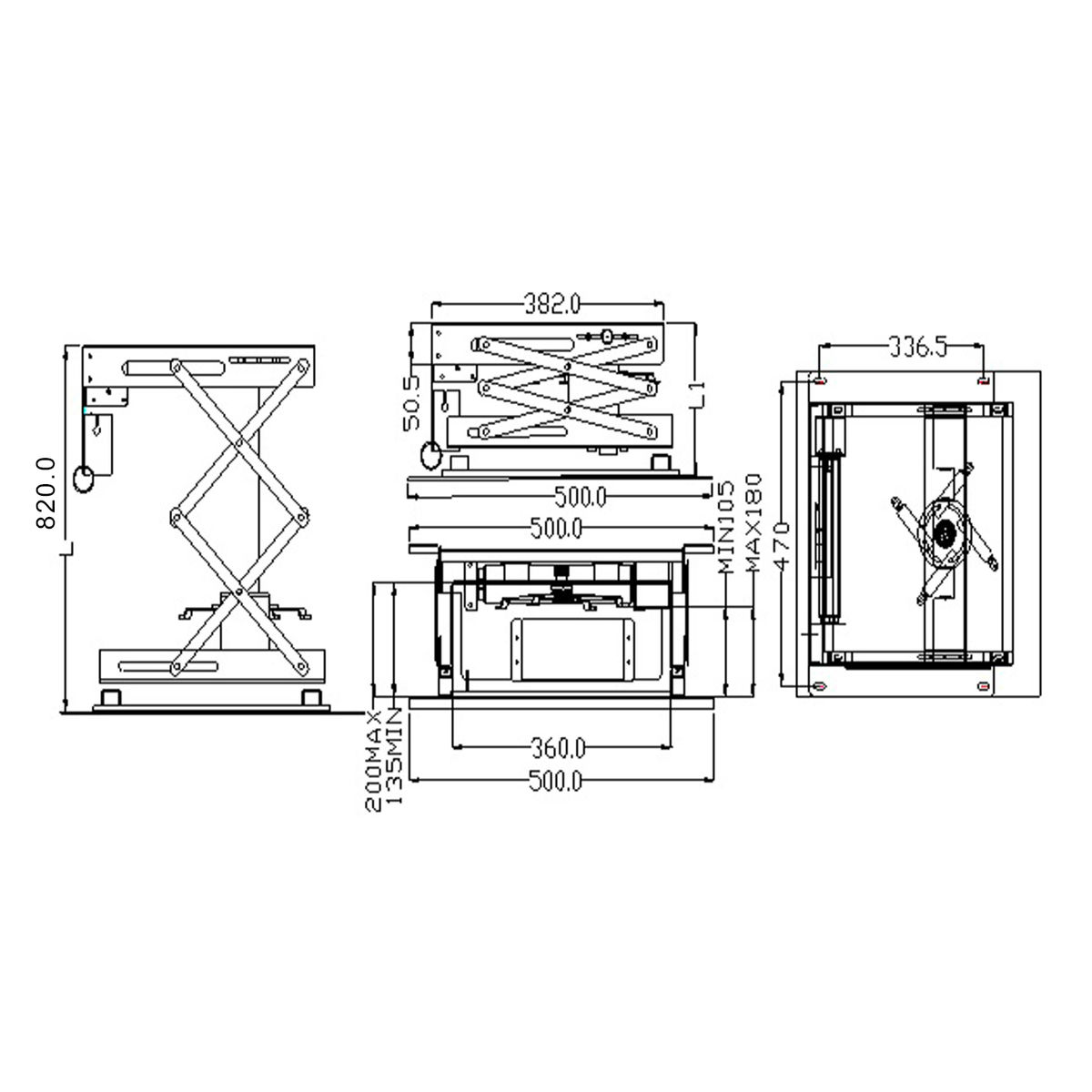 Dessin technique avec dimensions d'une table élévatrice à ciseaux, montrant vues latérales, avant et supérieure.