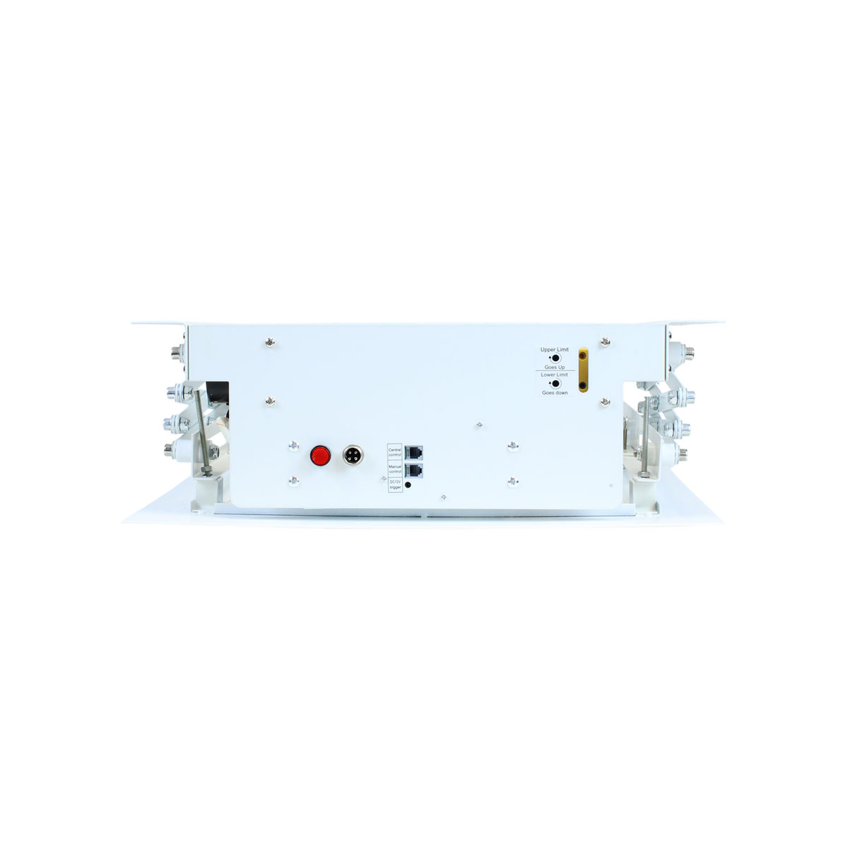 Un dispositivo rectangular blanco con puertos y etiquetas sobre un fondo blanco.