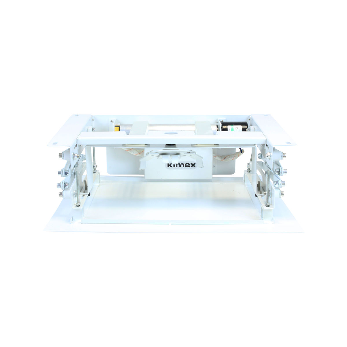 Soporte de techo blanco, cuadrado, para proyector. Tiene soportes metálicos y una abertura central.