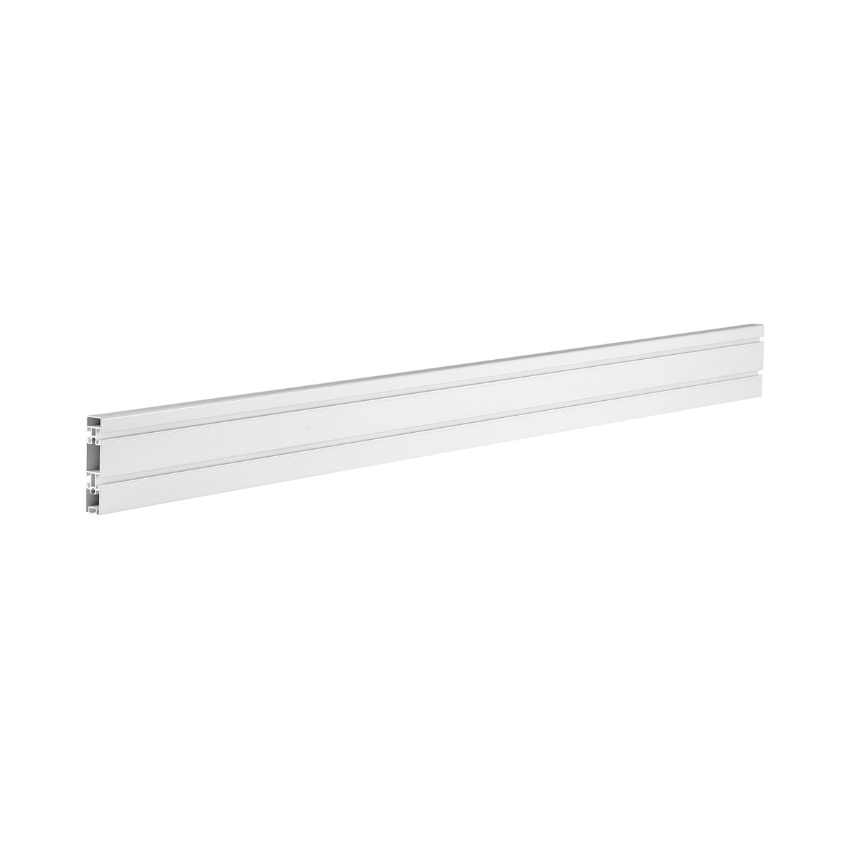 Un objeto rectangular, largo y blanco, posiblemente una estantería o una viga de soporte sobre un fondo blanco.