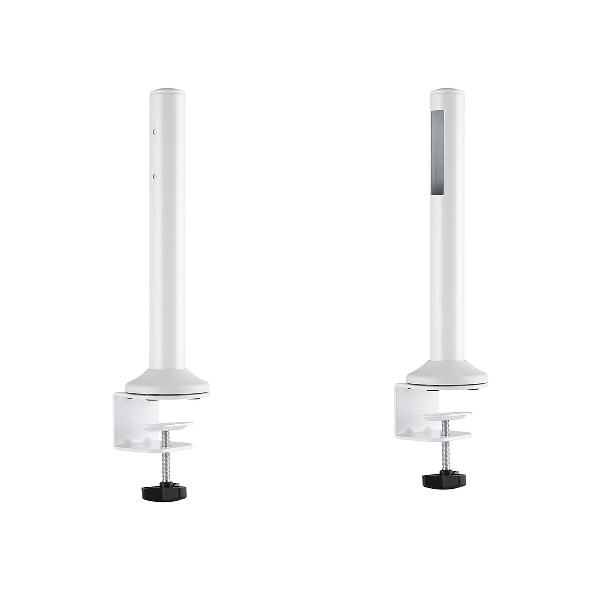 Dos brazos de monitor blancos, cada uno con una abrazadera y funciones ajustables.