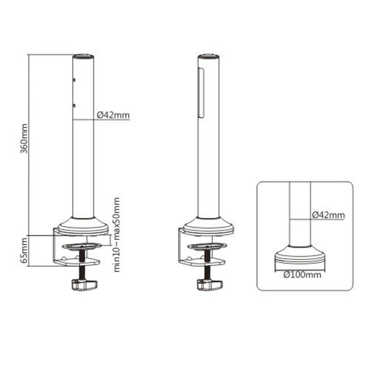 Diagrama de un soporte de monitor. Muestra dimensiones, una abrazadera y medidas en mm.