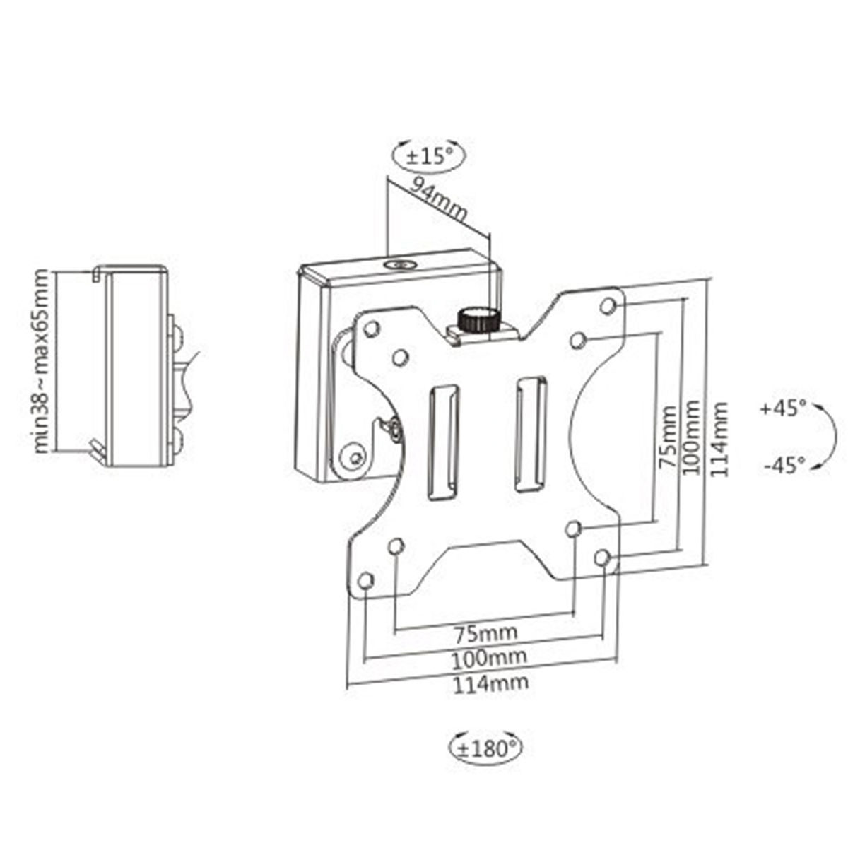Soporte de pared para TV con dimensiones y mediciones de ángulo. Fondo blanco.