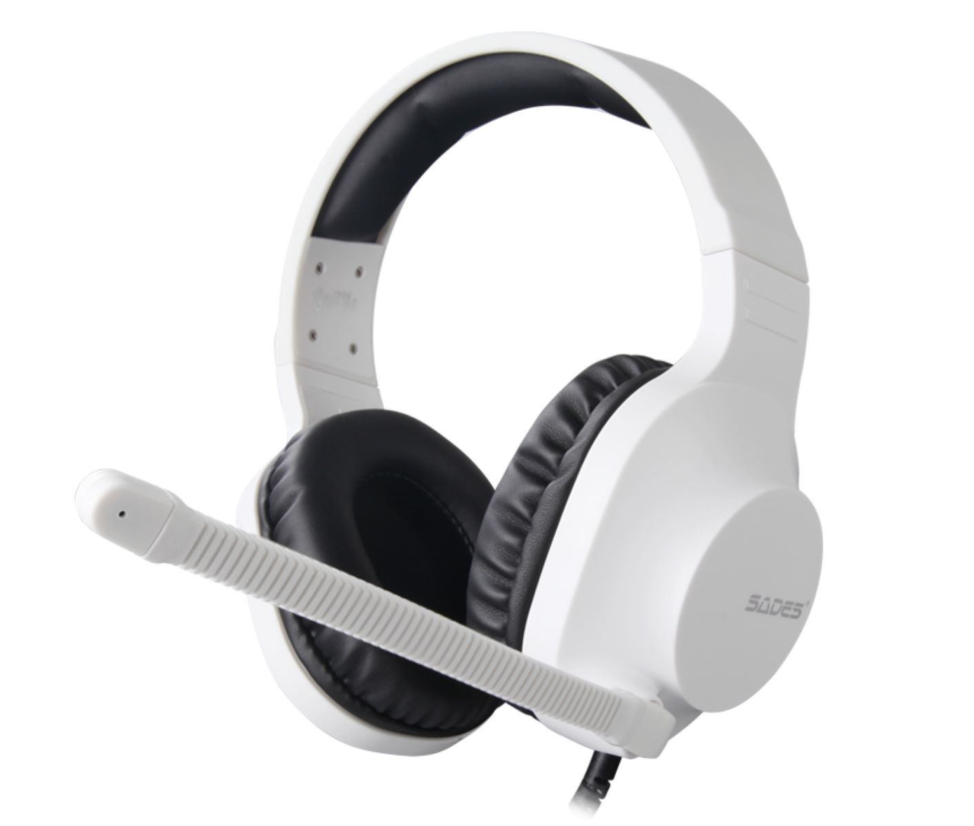 Weißes Gaming-Headset mit Mikrofon. Schwarze Ohrmuscheln und Bügelpolsterung. Weißer Hintergrund.