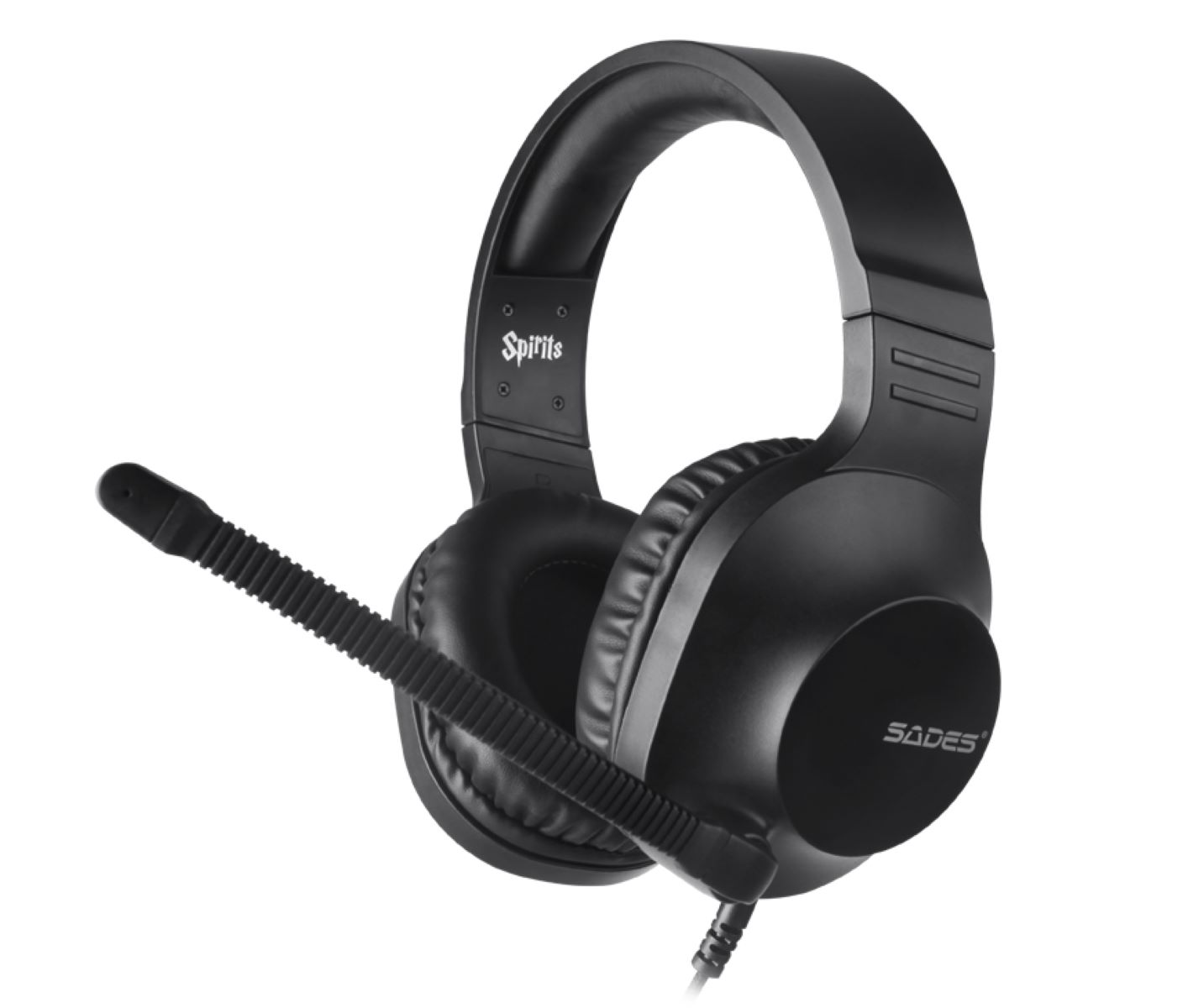 Schwarzes Headset mit Mikrofon. Der Markenname "SADES" ist sichtbar. Weißer Hintergrund.