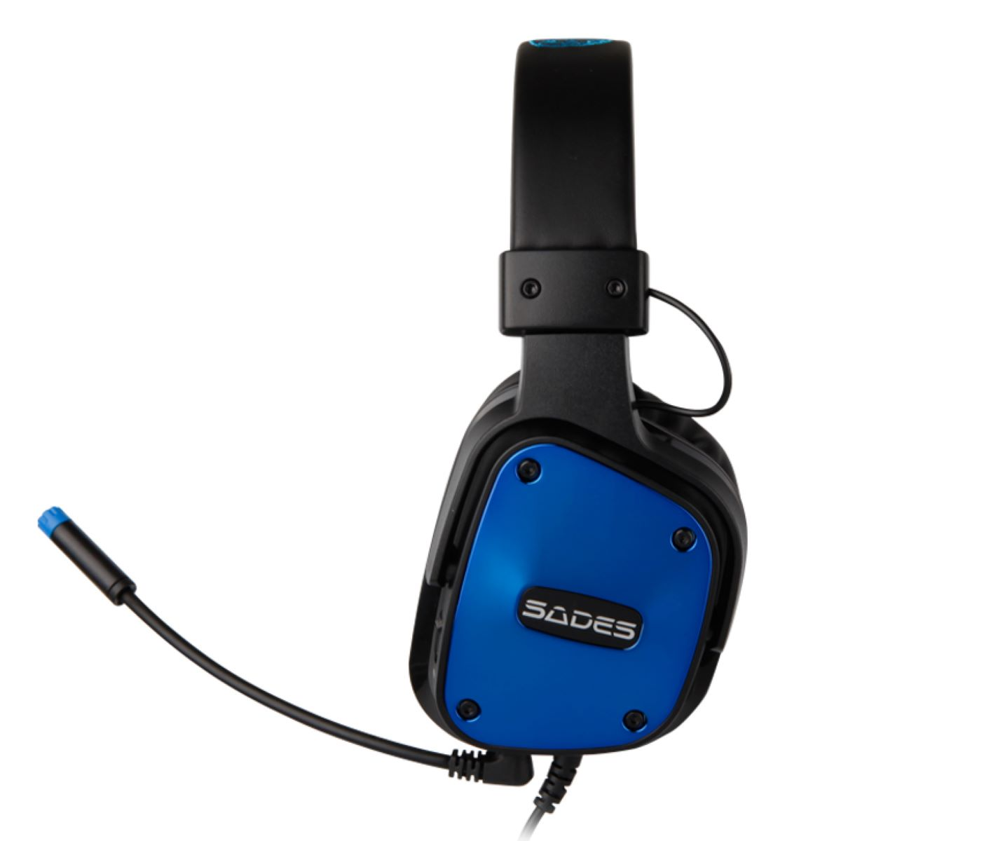 Schwarzes und blaues Gaming-Headset mit Mikrofon, isoliert auf weißem Hintergrund.