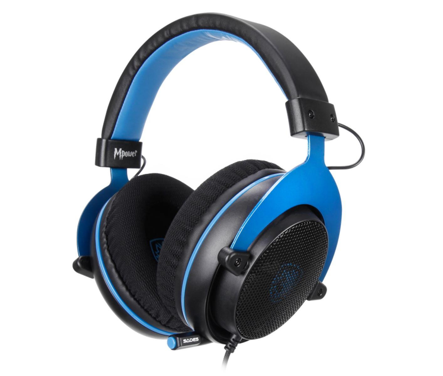 Blaue und schwarze Gaming-Kopfhörer mit Ohrmuscheln, Kopfband und Kabelanschluss vor weißem Hintergrund.