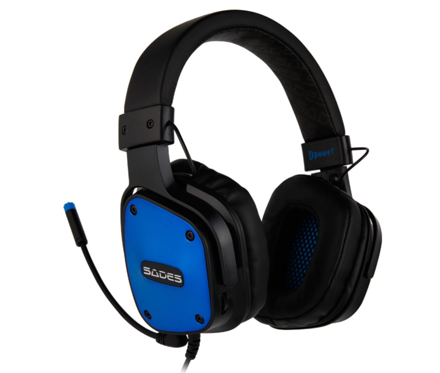 Schwarz-blaues Gaming-Headset mit Mikrofon. Die Marke 'Sades' ist sichtbar.