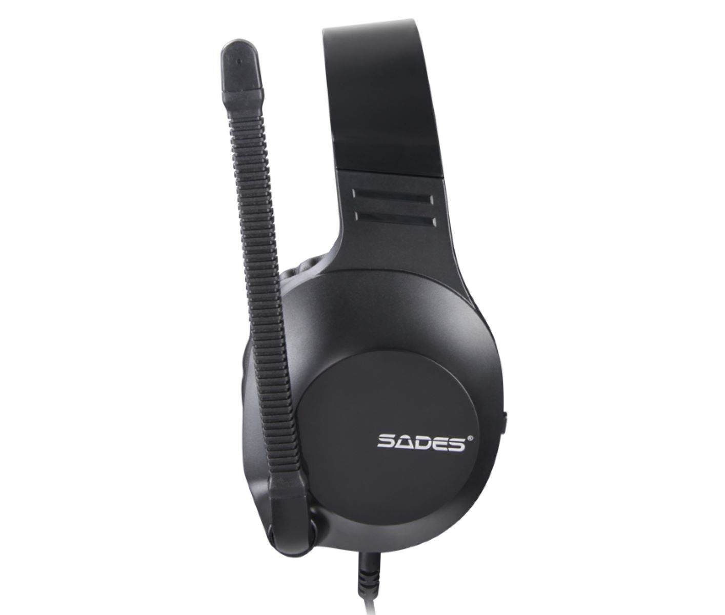Schwarzes Headset mit Mikrofon. Markenname "SADES" ist auf dem Ohrmuschel gedruckt.