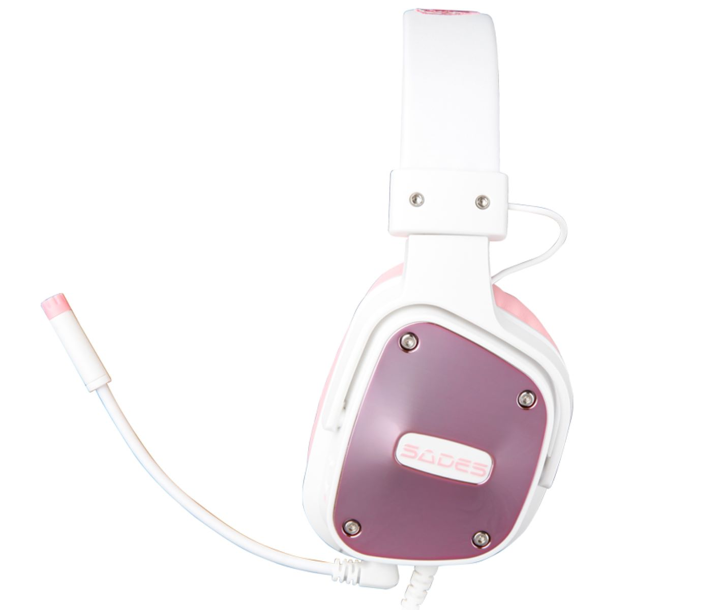 Weiß-rosa Gaming-Headset mit Mikrofon, isoliert auf weißem Hintergrund.