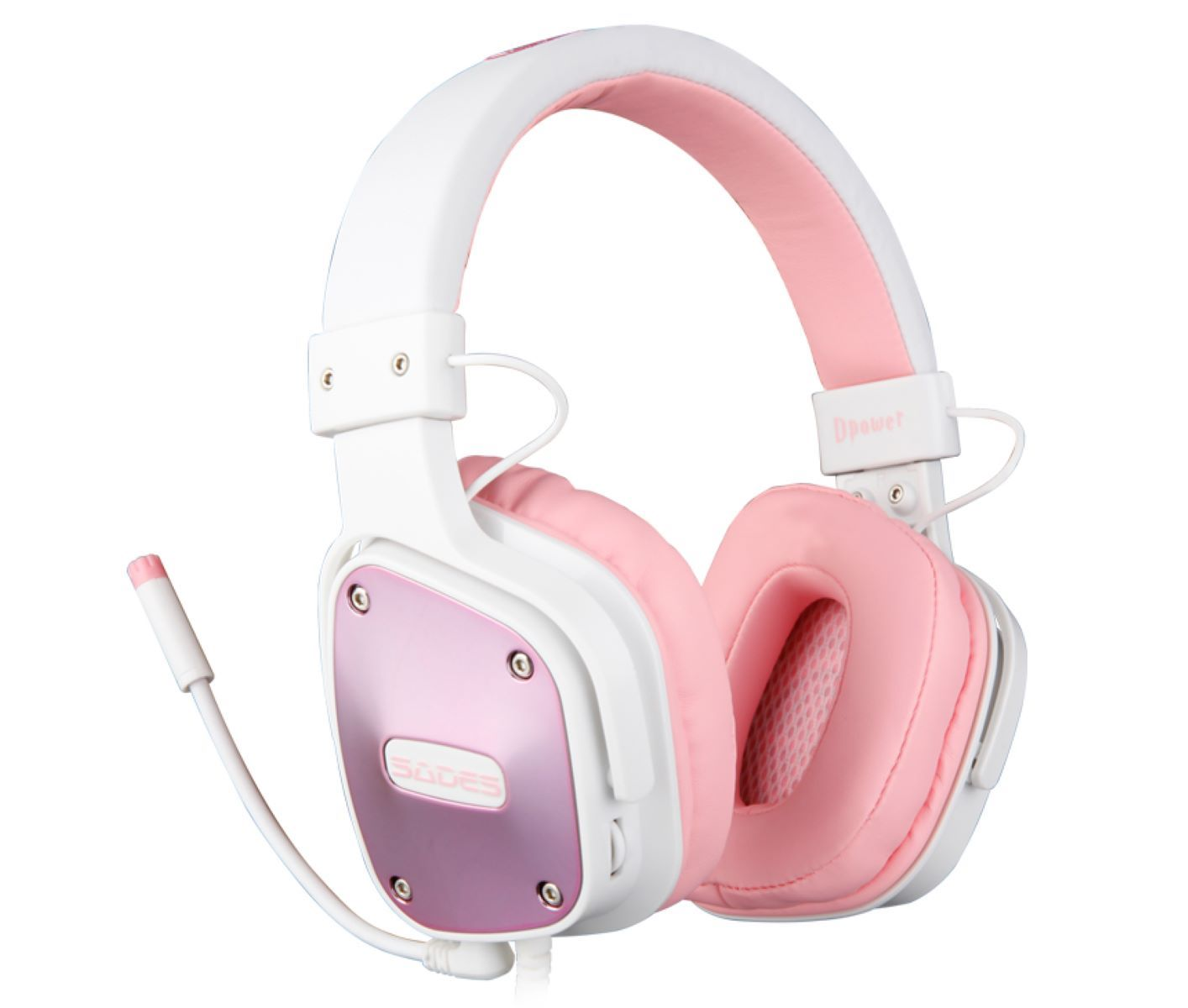 Rosa-weißes Gaming-Headset. Es hat ein Mikrofon und Ohrmuscheln. Weißer Hintergrund.
