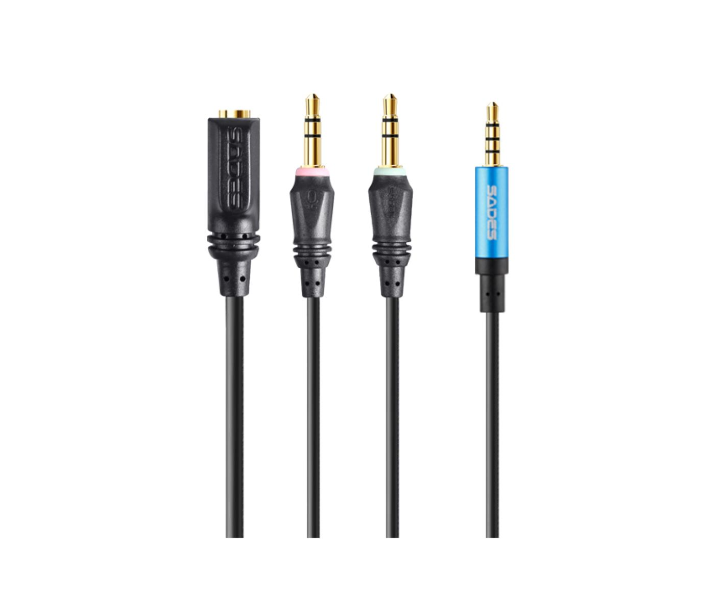 Vier Audiokabel mit unterschiedlich farbigen Ringen und Steckern, vertikal angeordnet, vor Weiß.