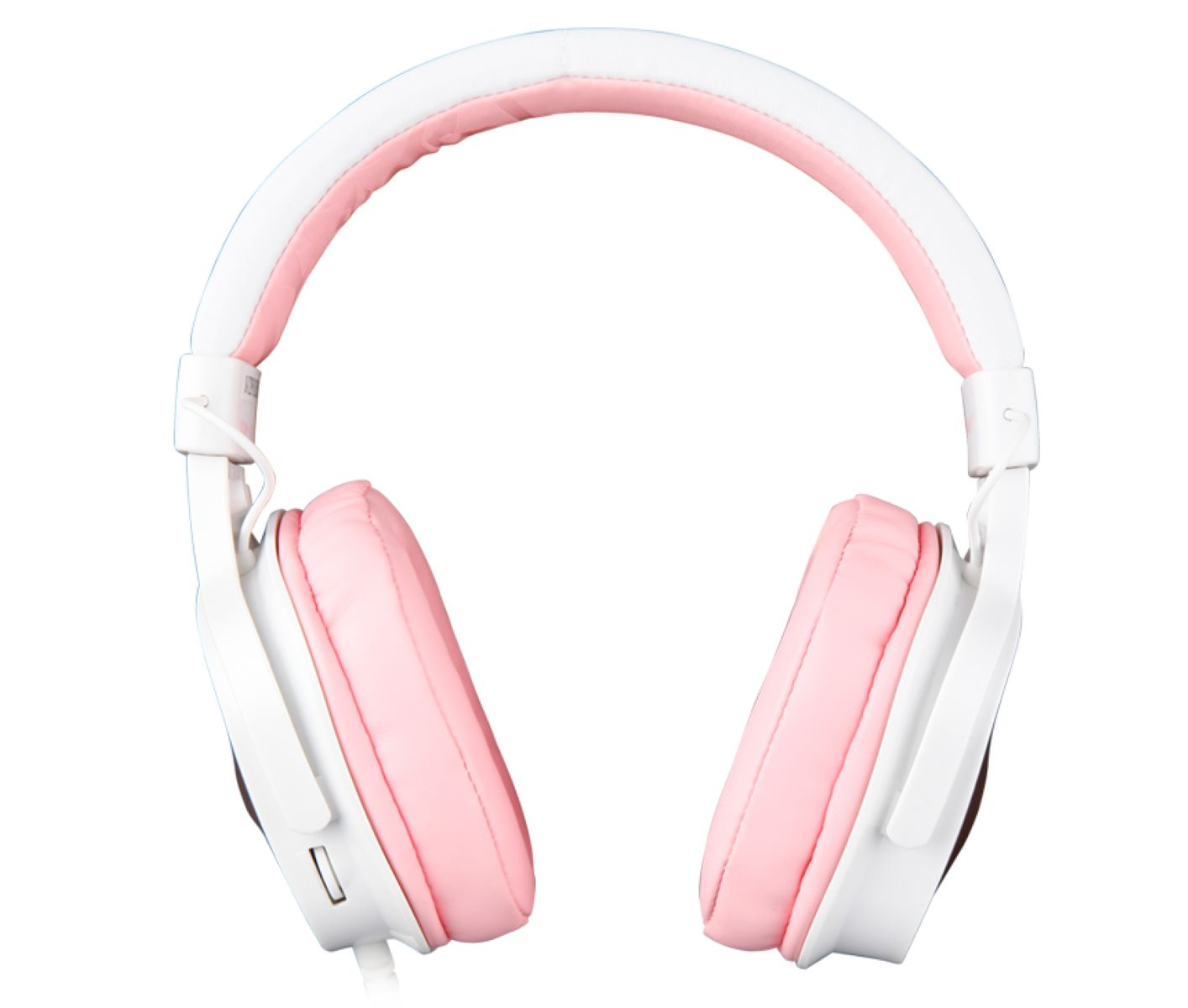 Weiße und rosa Kopfhörer. Das Kopfband und die Ohrpolster sind rosa, der Rest ist weiß.