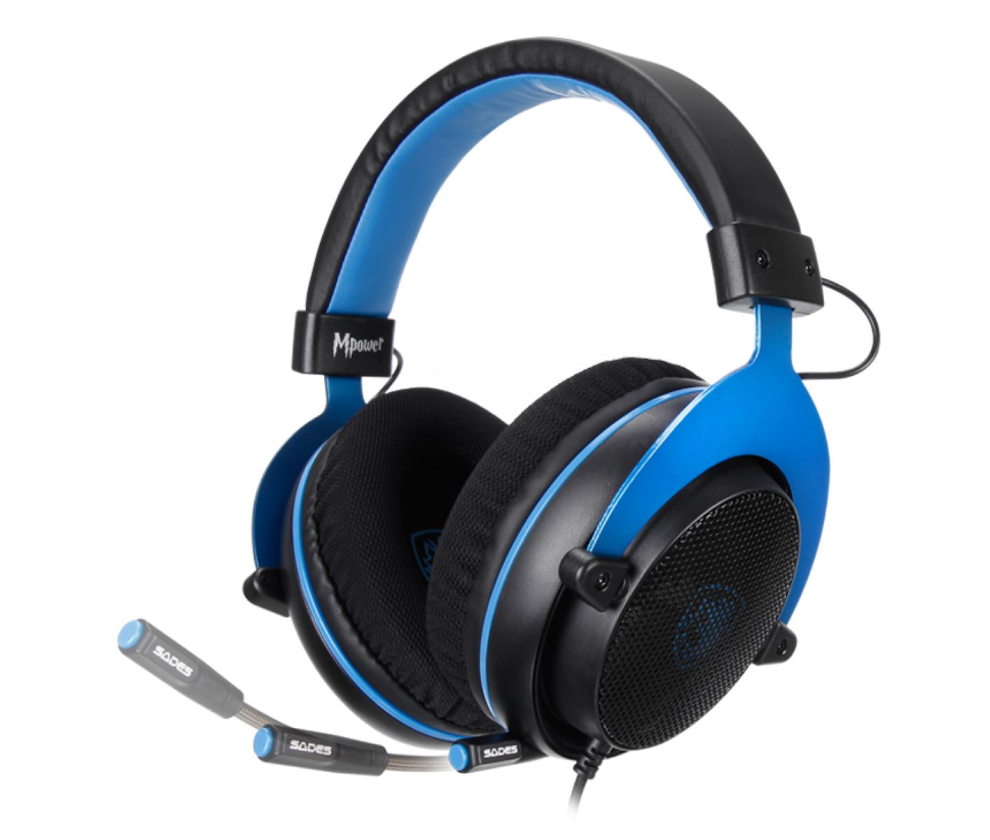 Blaue und schwarze Gaming-Kopfhörer mit Mikrofon, weißer Hintergrund.