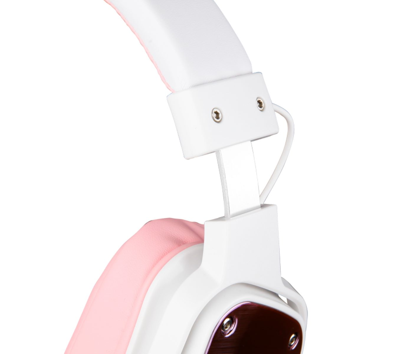 Weiße und rosa Gaming-Kopfhörer. Das Design konzentriert sich auf das Kopfband und die Ohrmuscheldetails.