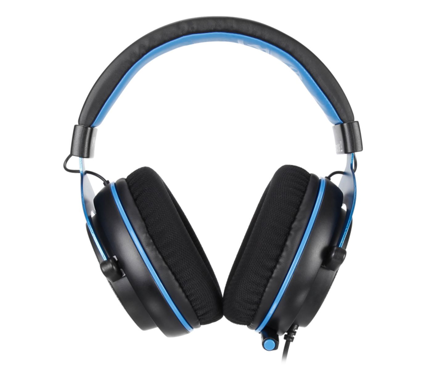 Schwarze und blaue Over-Ear-Kopfhörer. Die Ohrmuscheln sind schwarz mit blauen Akzenten, das Kopfband blau.