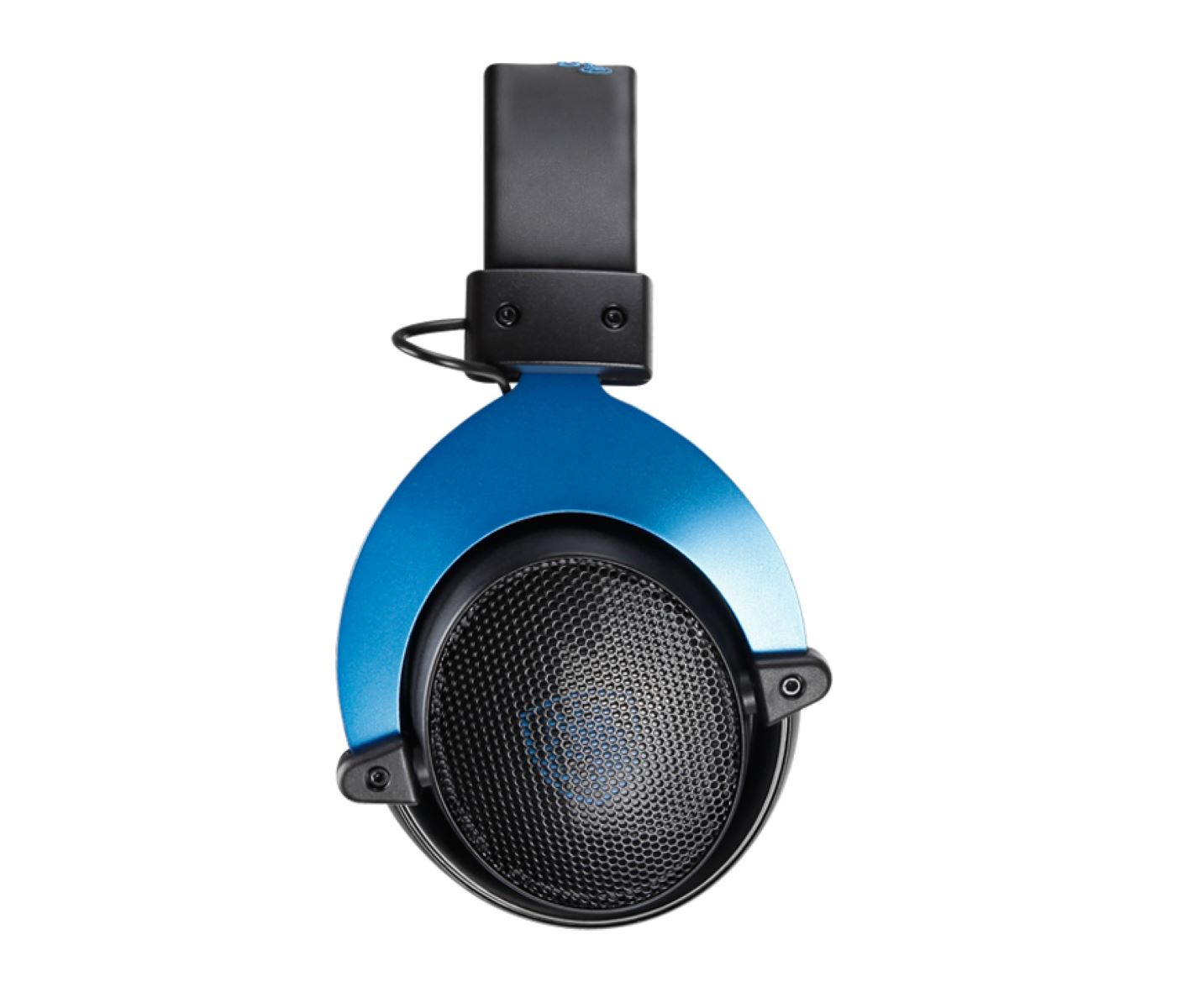 Blaue Kopfhörer mit schwarzem Rahmen und blauen Akzenten. Mesh bedeckt die Lautsprecher.