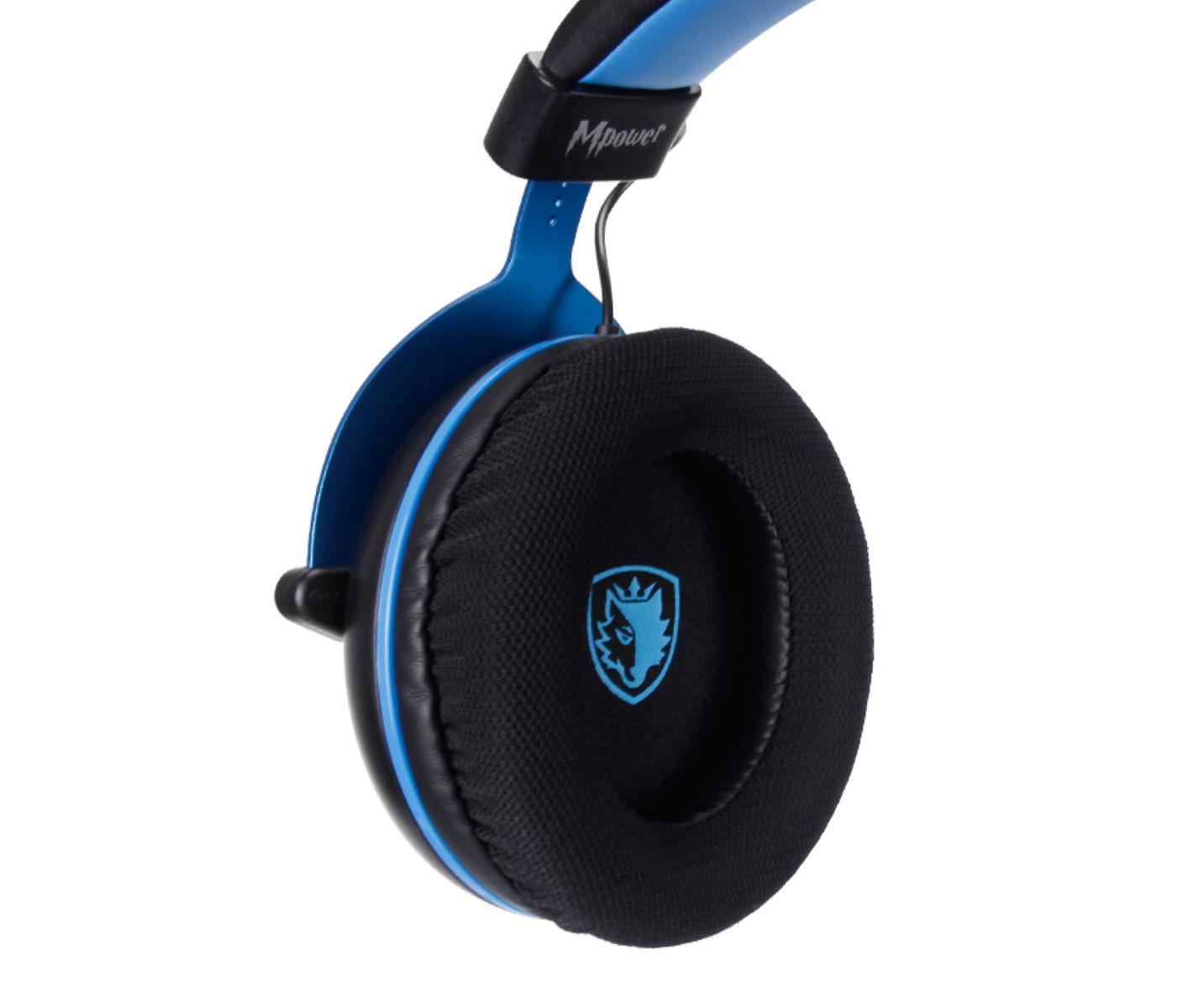 Blau-schwarze Kopfhörer mit dem Mpower-Logo auf weißem Hintergrund.