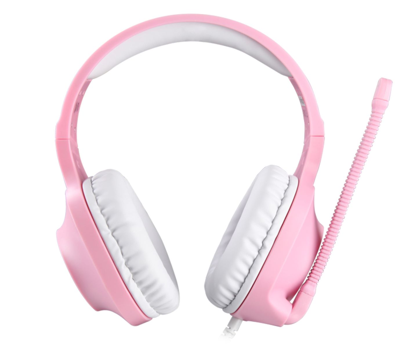 Pinkes Gaming-Headset mit weißen Ohrmuscheln und flexiblem Mikrofon. Weißer Hintergrund.